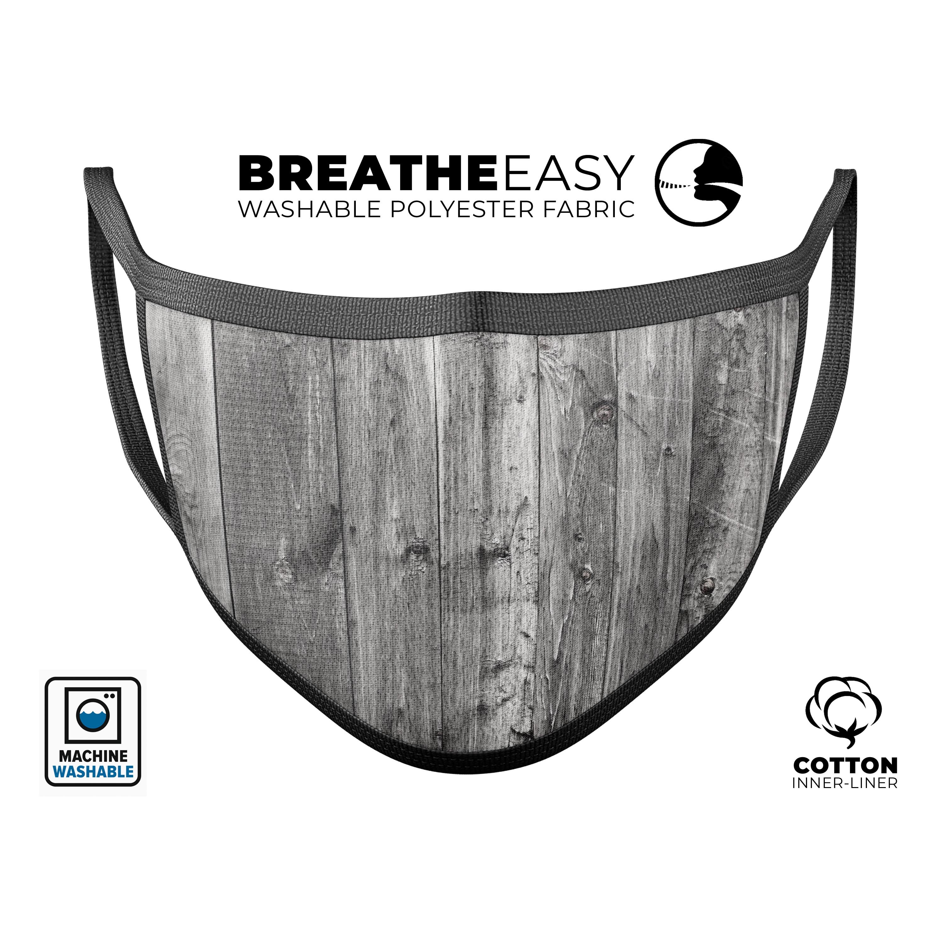 Shades of Gray Vintage Wood mouth cover, featuring a stylish design and adjustable ear loops for a comfortable fit.