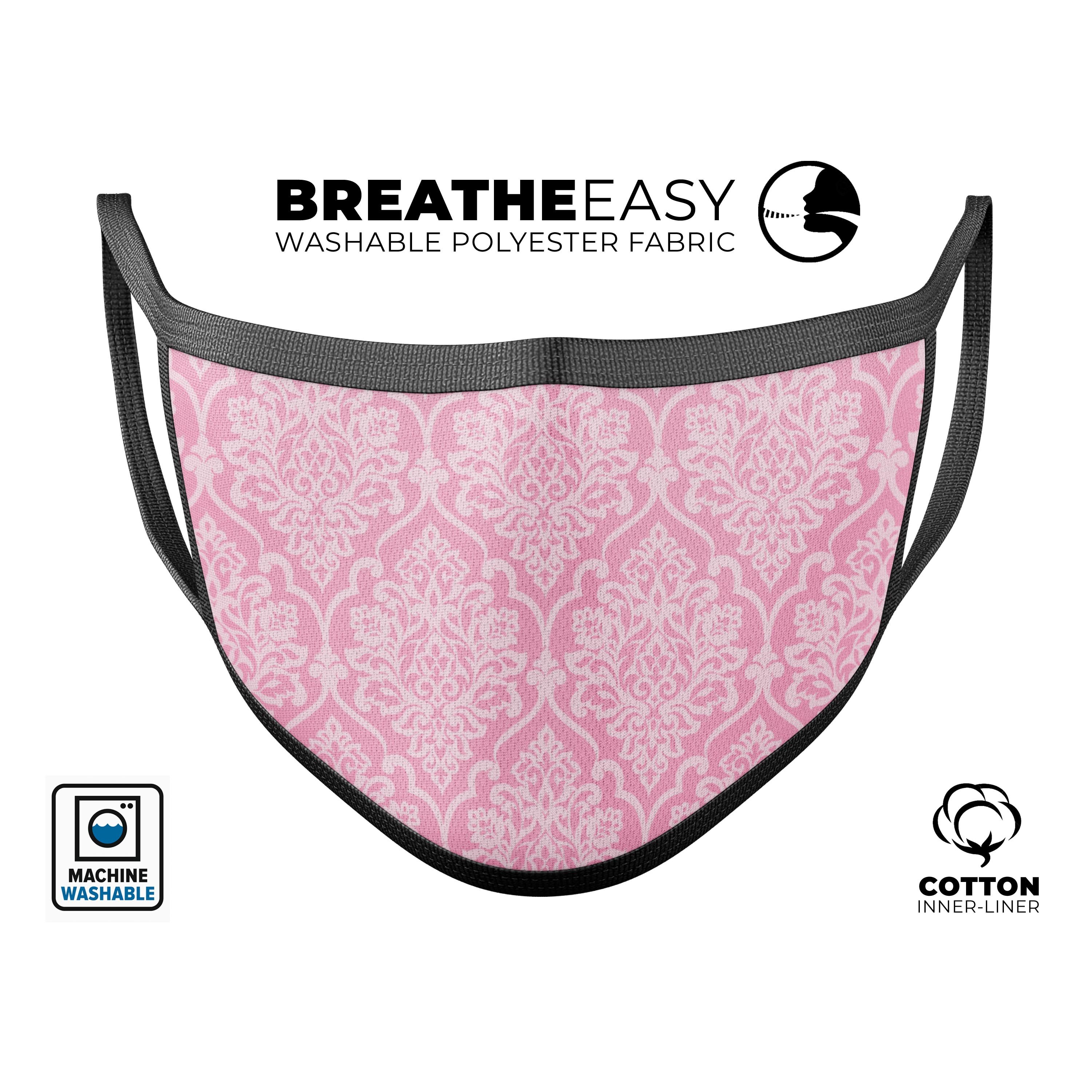 Shades of Pink Damask Pattern reusable mouth cover, showcasing vibrant colors and adjustable ear-loops for a comfortable fit.