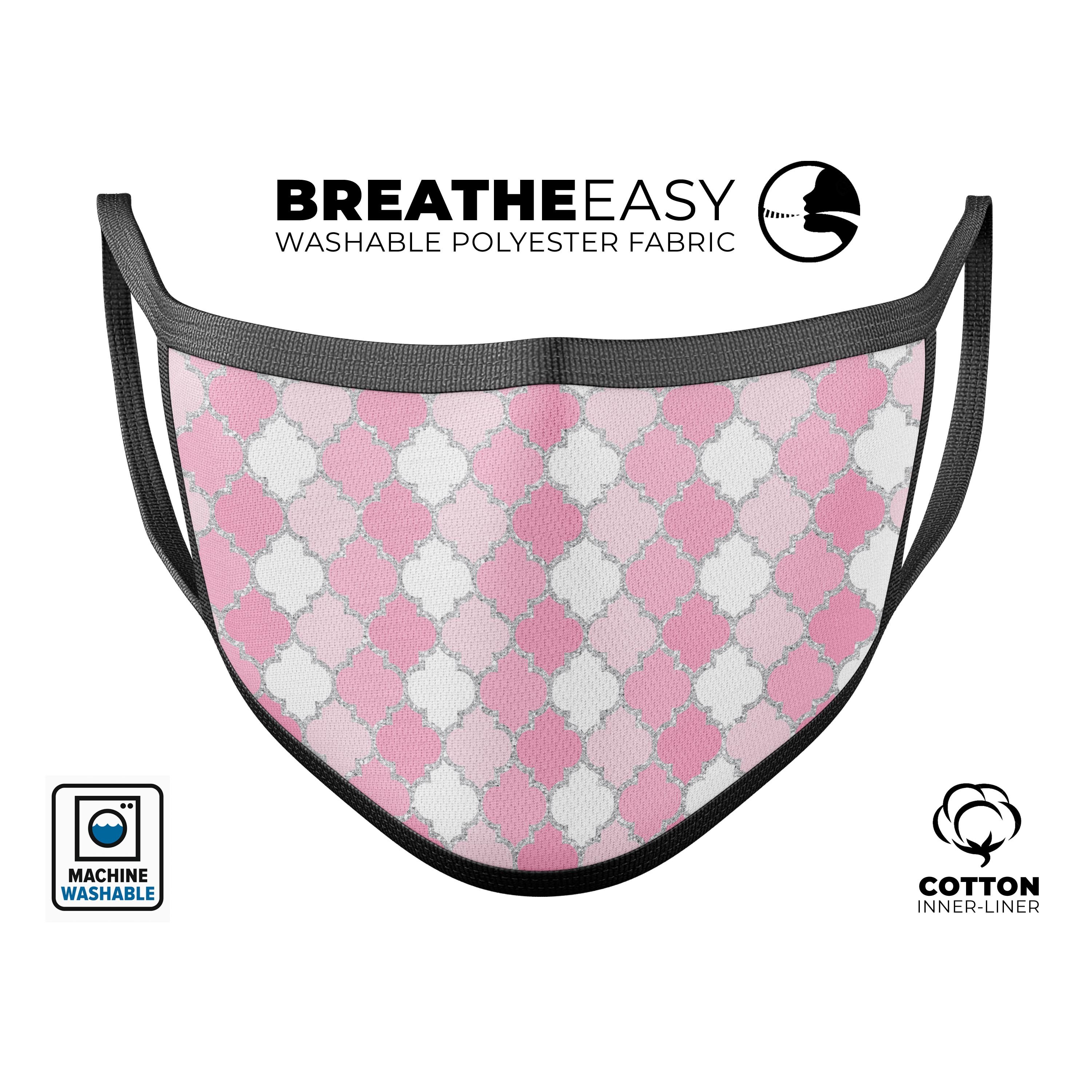Shades of Pink Quatrefoil mouth cover, featuring a stylish quatrefoil pattern in pink tones, adjustable ear-loops for a perfect fit.