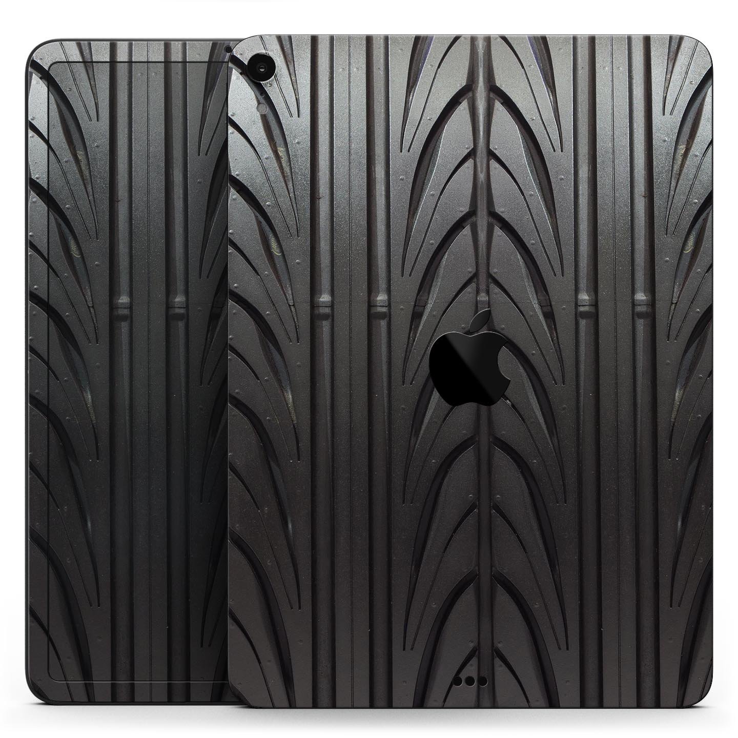 Shiny Black Tire Tread Full Body Skin Decal for Apple iPad Pro, showcasing a sleek design and premium finish.
