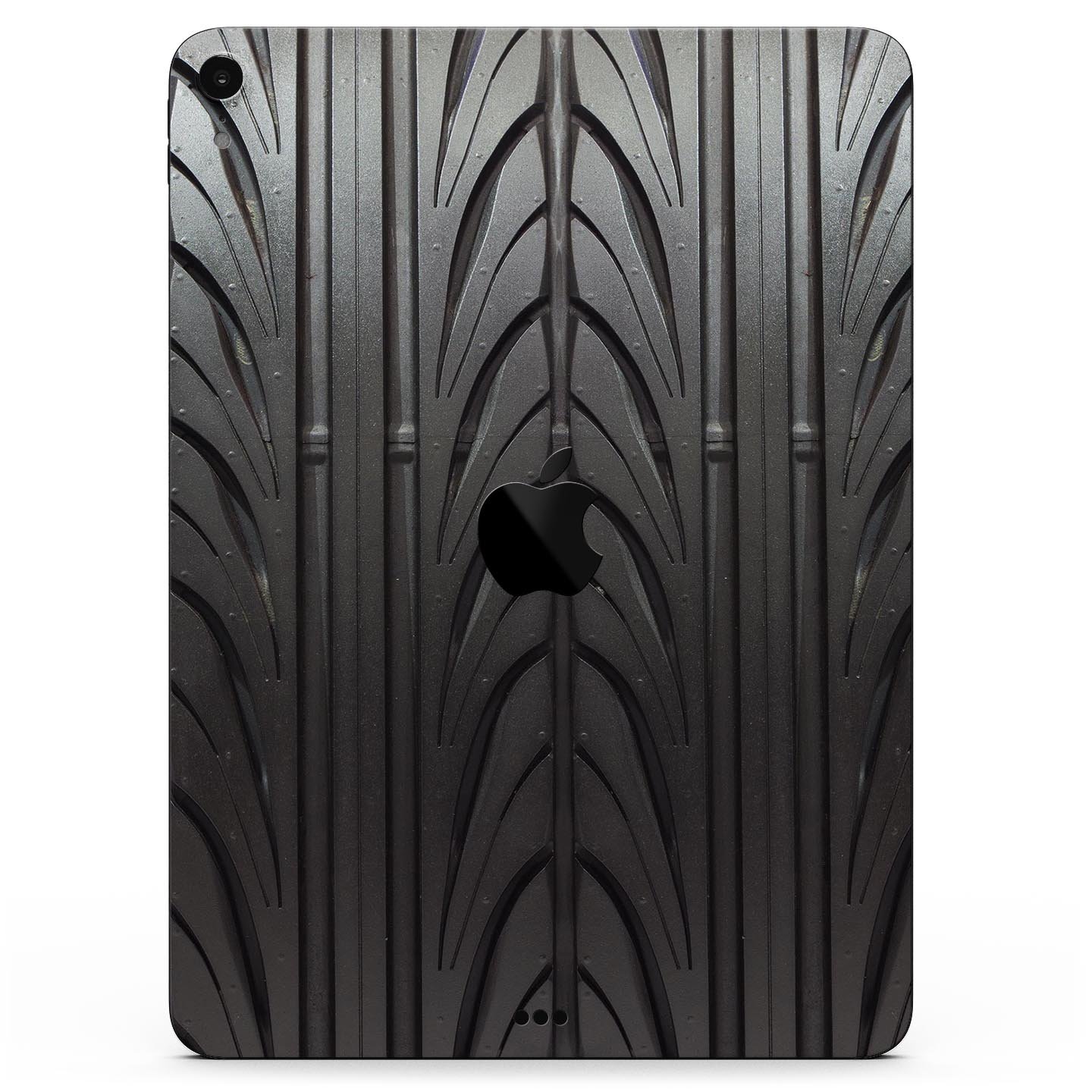 Shiny Black Tire Tread Full Body Skin Decal for Apple iPad Pro, showcasing a sleek design and premium finish.
