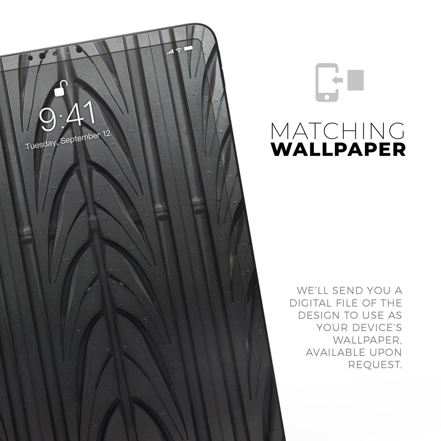 Shiny Black Tire Tread Full Body Skin Decal for Apple iPad Pro, showcasing a sleek design and premium finish.