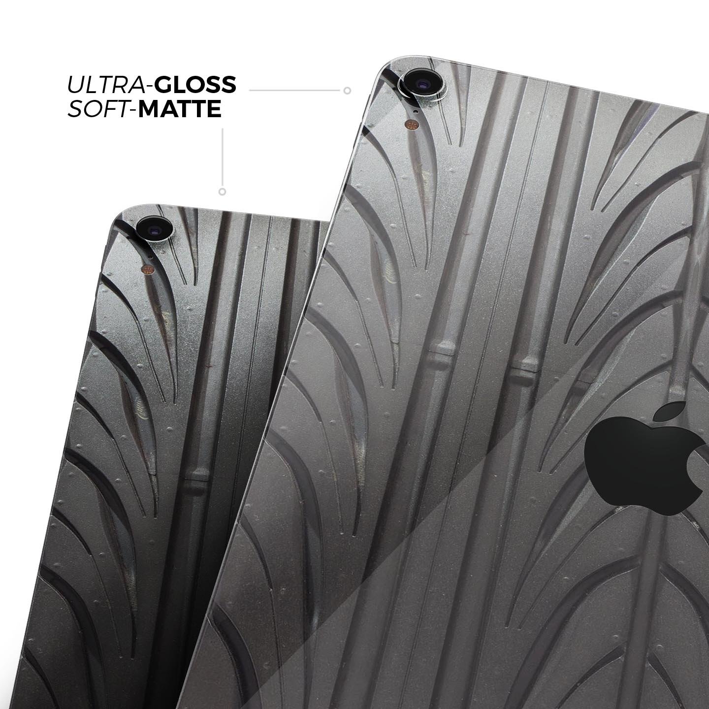 Shiny Black Tire Tread Full Body Skin Decal for Apple iPad Pro, showcasing a sleek design and premium finish.