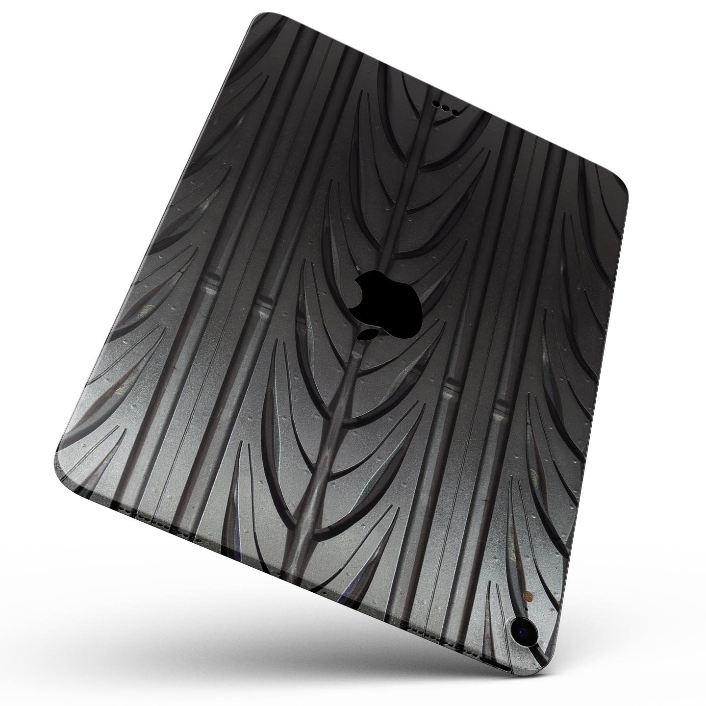Shiny Black Tire Tread Full Body Skin Decal for Apple iPad Pro, showcasing a sleek design and premium finish.