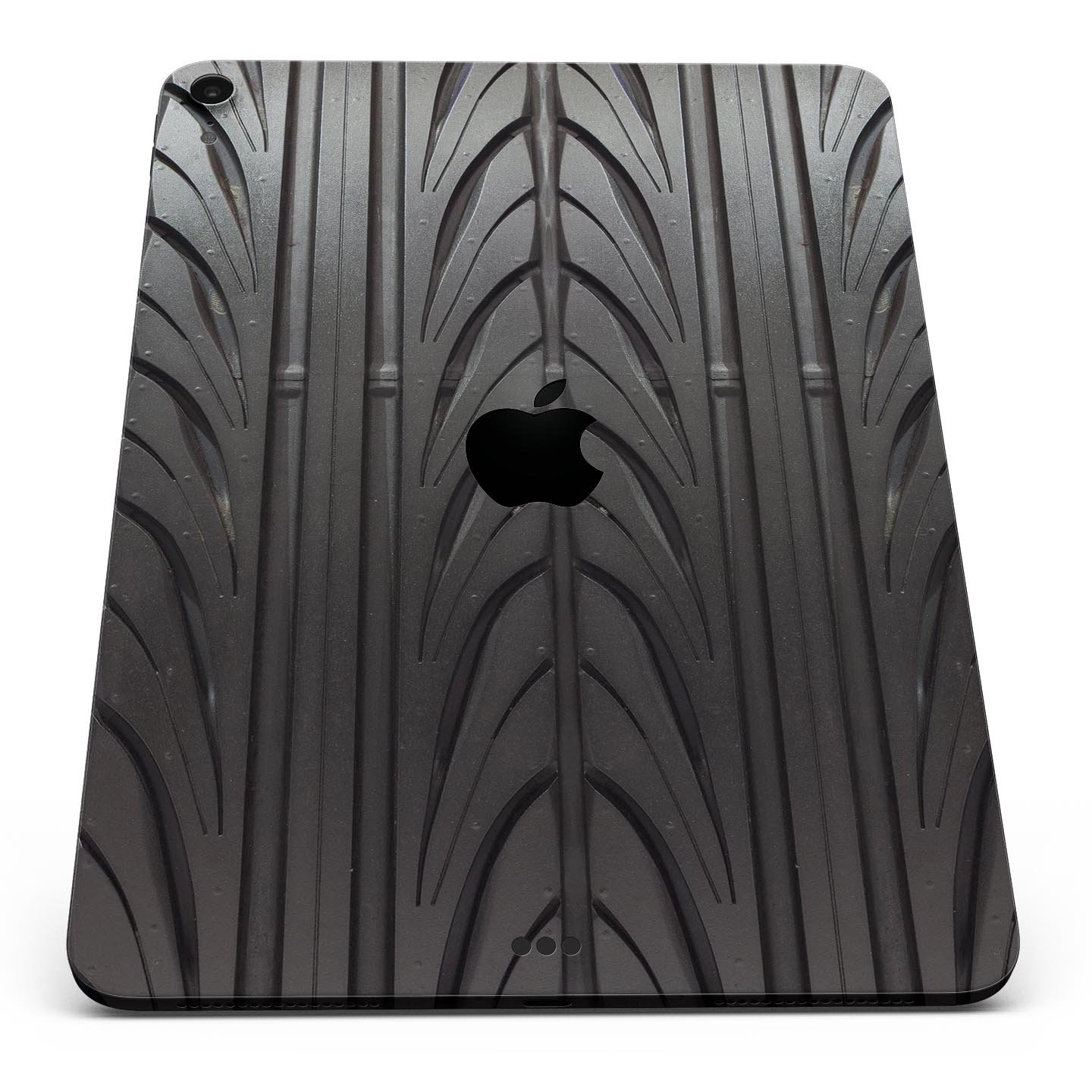 Shiny Black Tire Tread Full Body Skin Decal for Apple iPad Pro, showcasing a sleek design and premium finish.