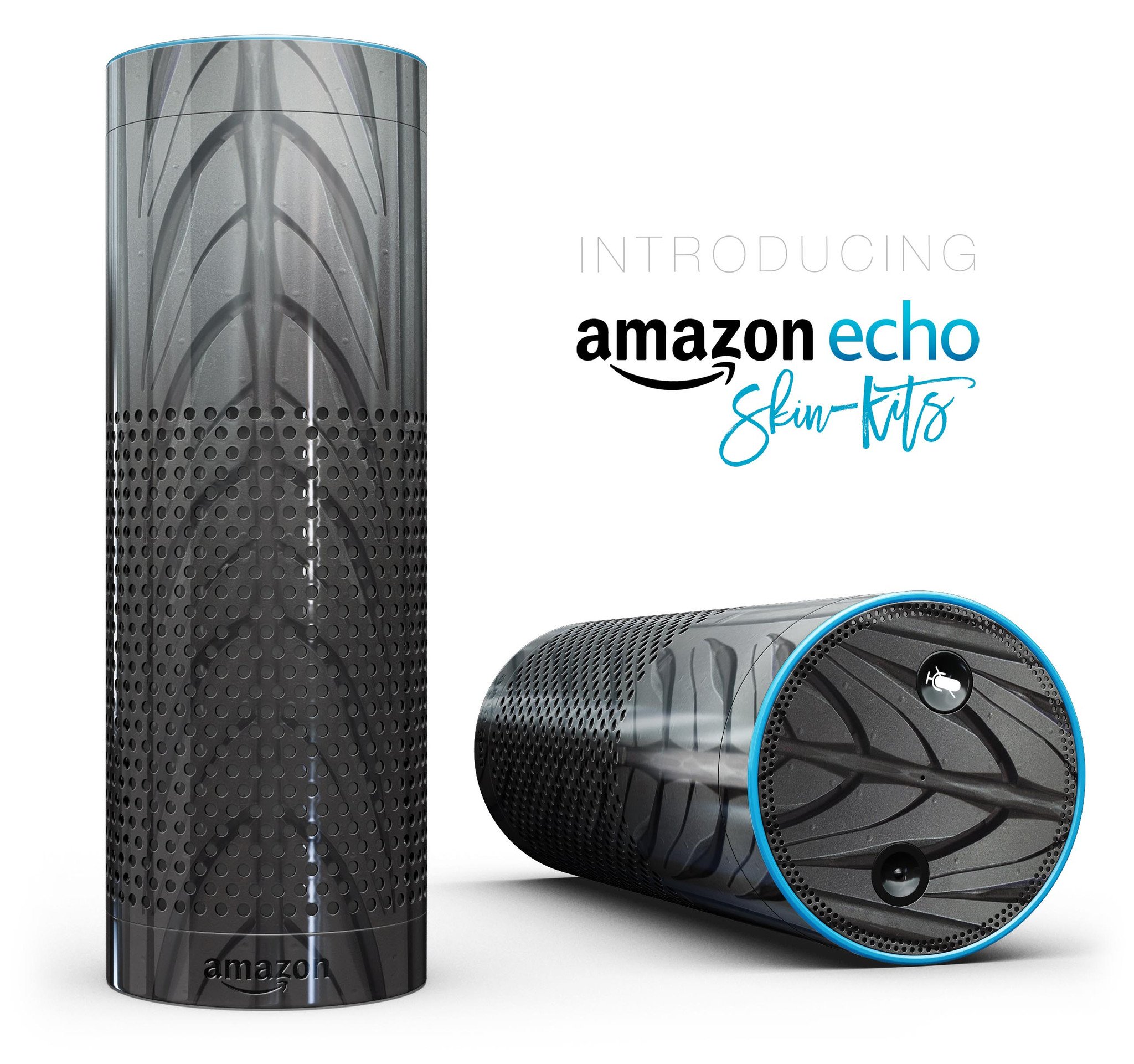 Shiny Black Tire Tread skin-kit for Amazon Echo, showcasing a sleek design that fits perfectly around the device.