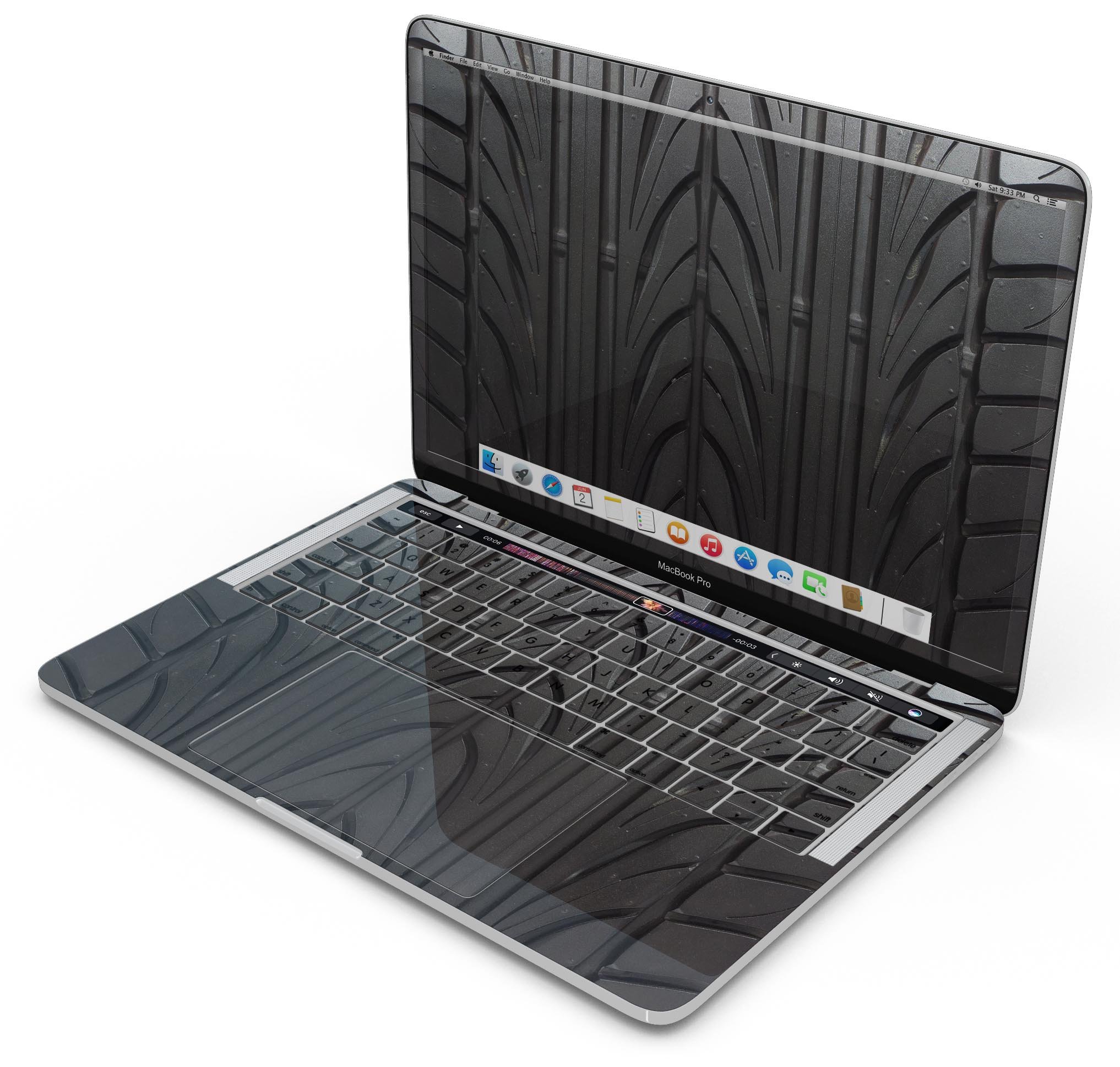 Laptop with tire track overlay.