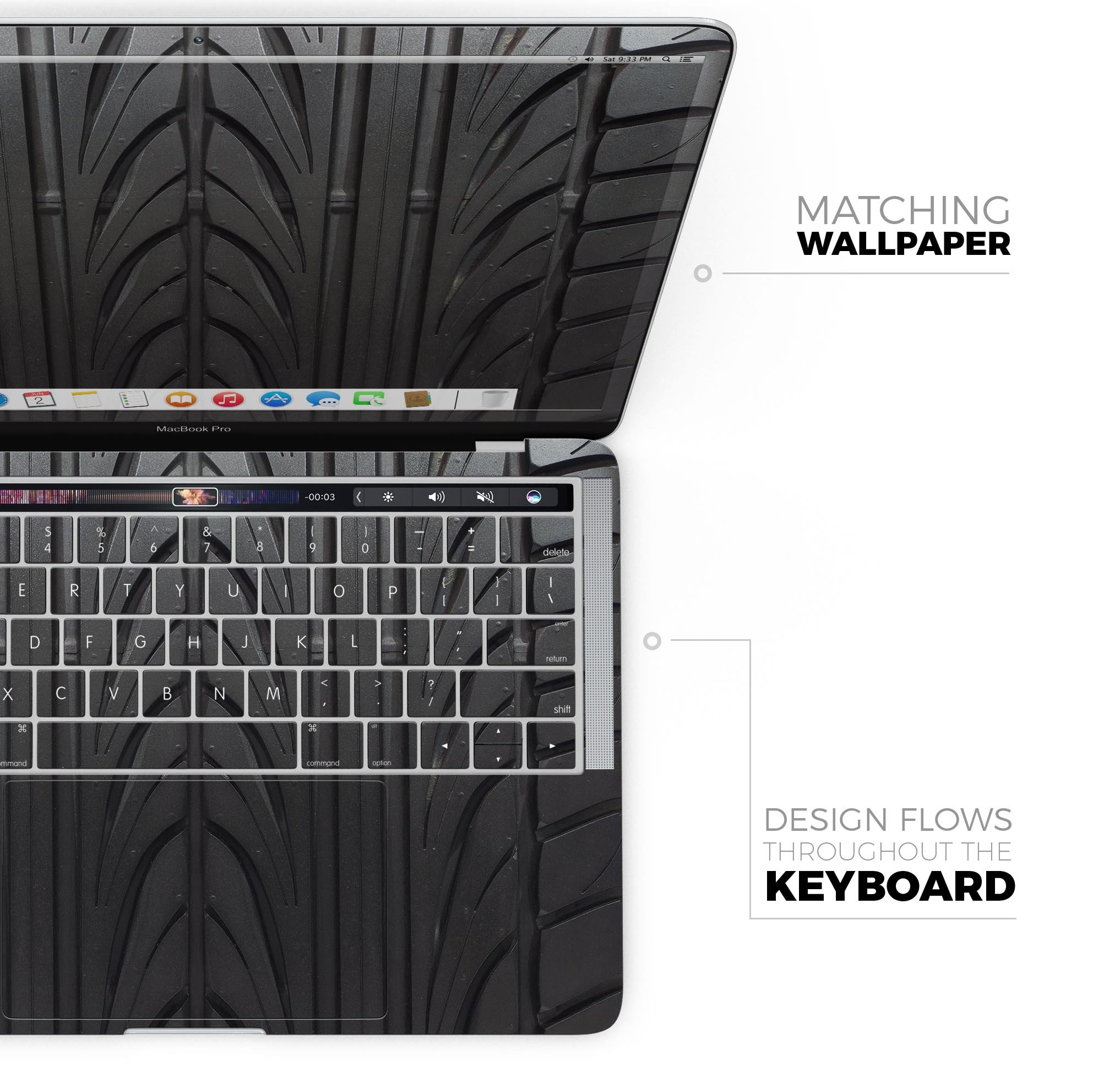 Close-up of MacBook with tire-pattern.