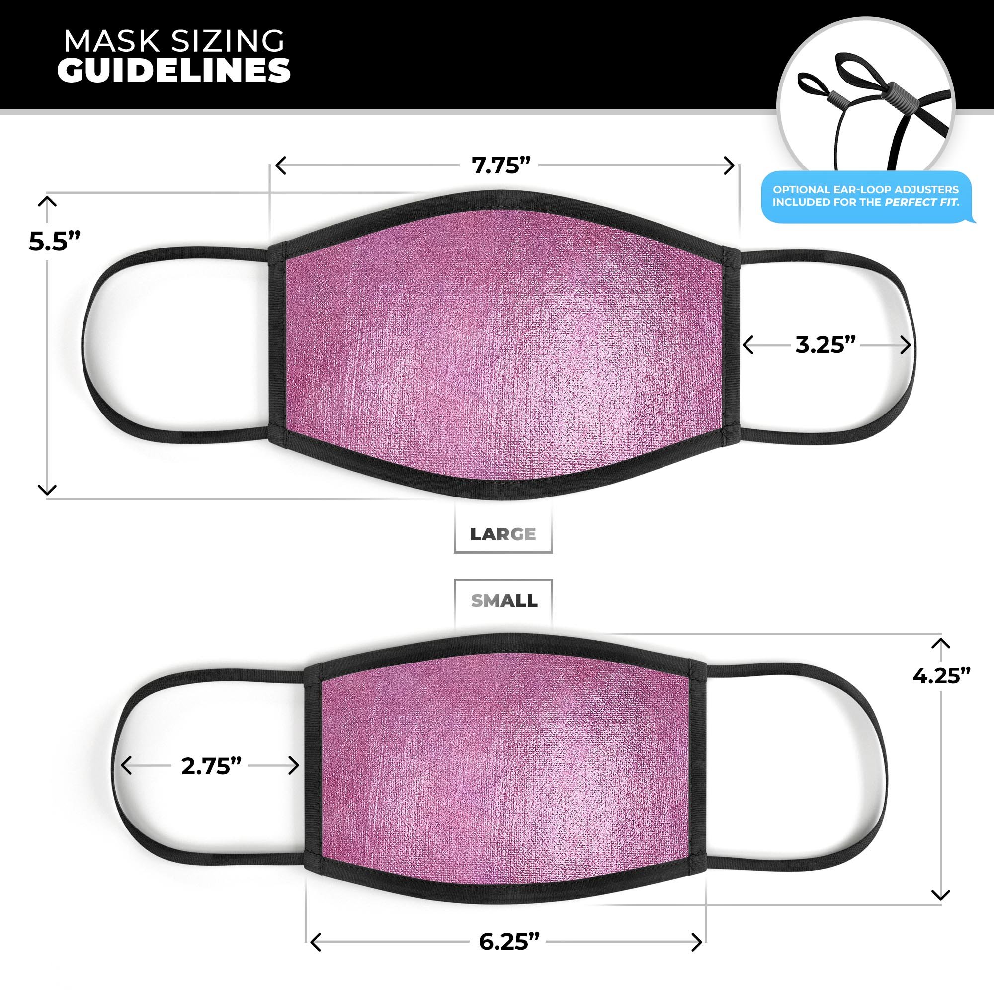 Shiny pink fabric texture mouth cover, unisex design, adjustable ear loops, made in the USA, suitable for everyday use.