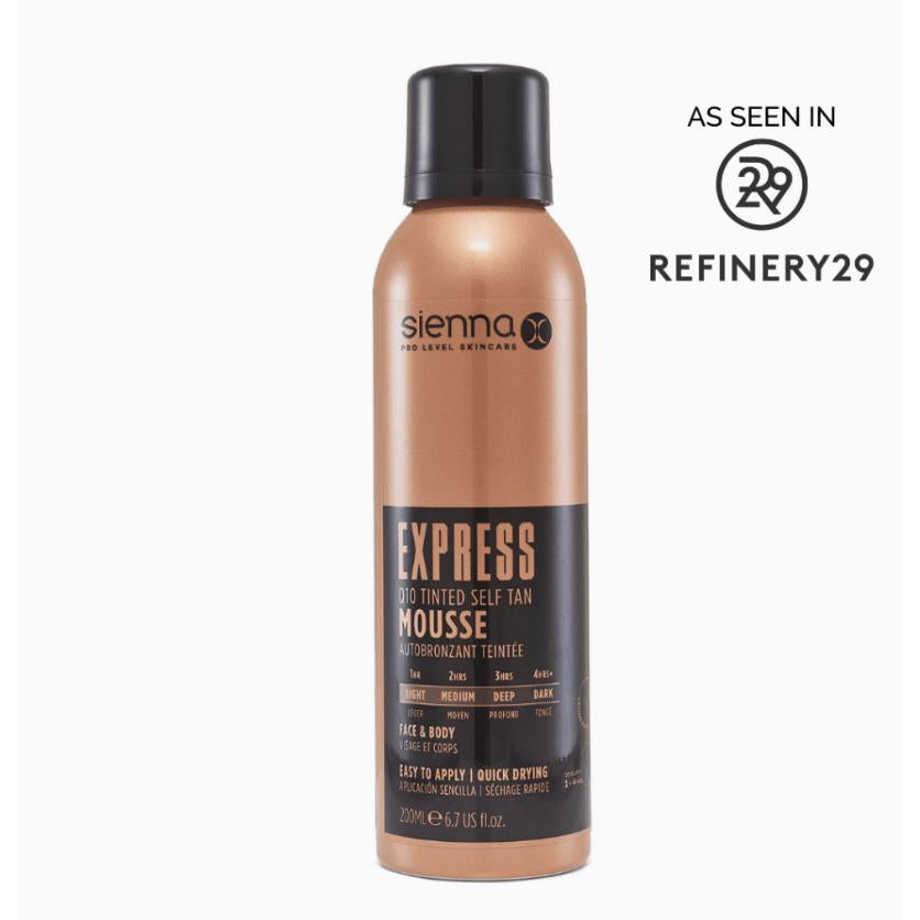 Sienna X EXPRESS Q10 Self Tan Tinted Mousse bottle with a foamy texture, showcasing its light and airy consistency for easy application.