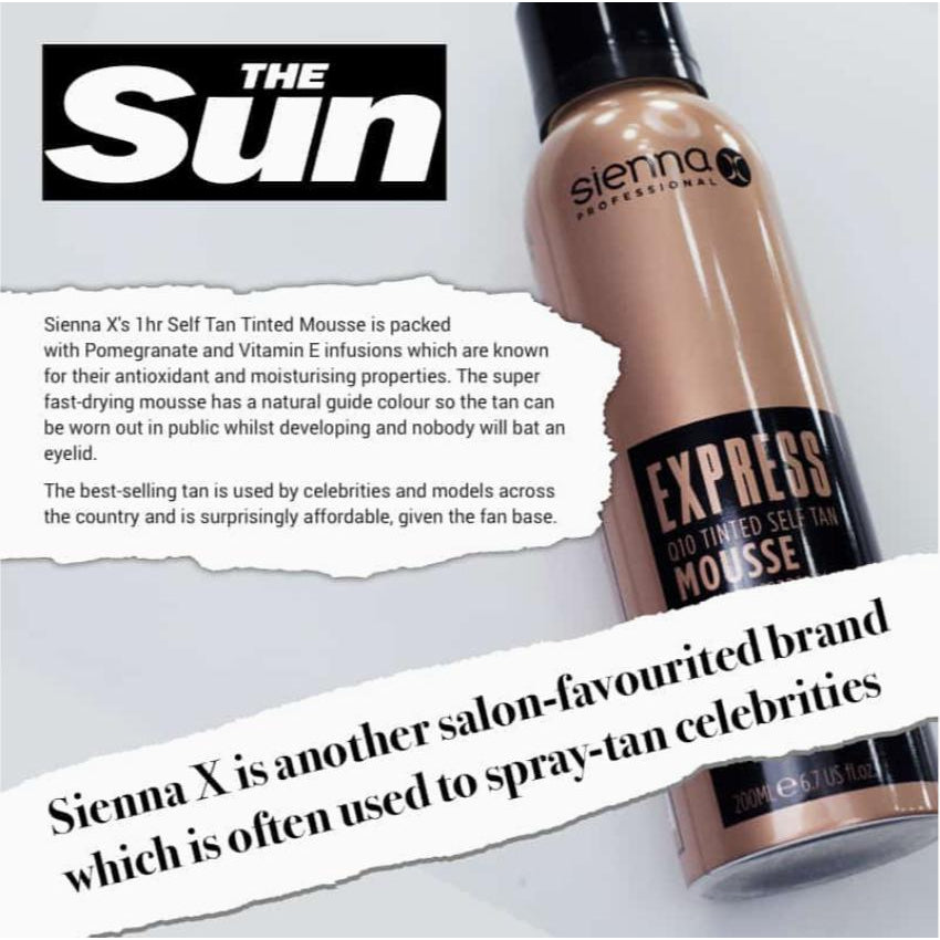 Sienna X EXPRESS Q10 Self Tan Tinted Mousse bottle with a foamy texture, showcasing its light and airy consistency for easy application.