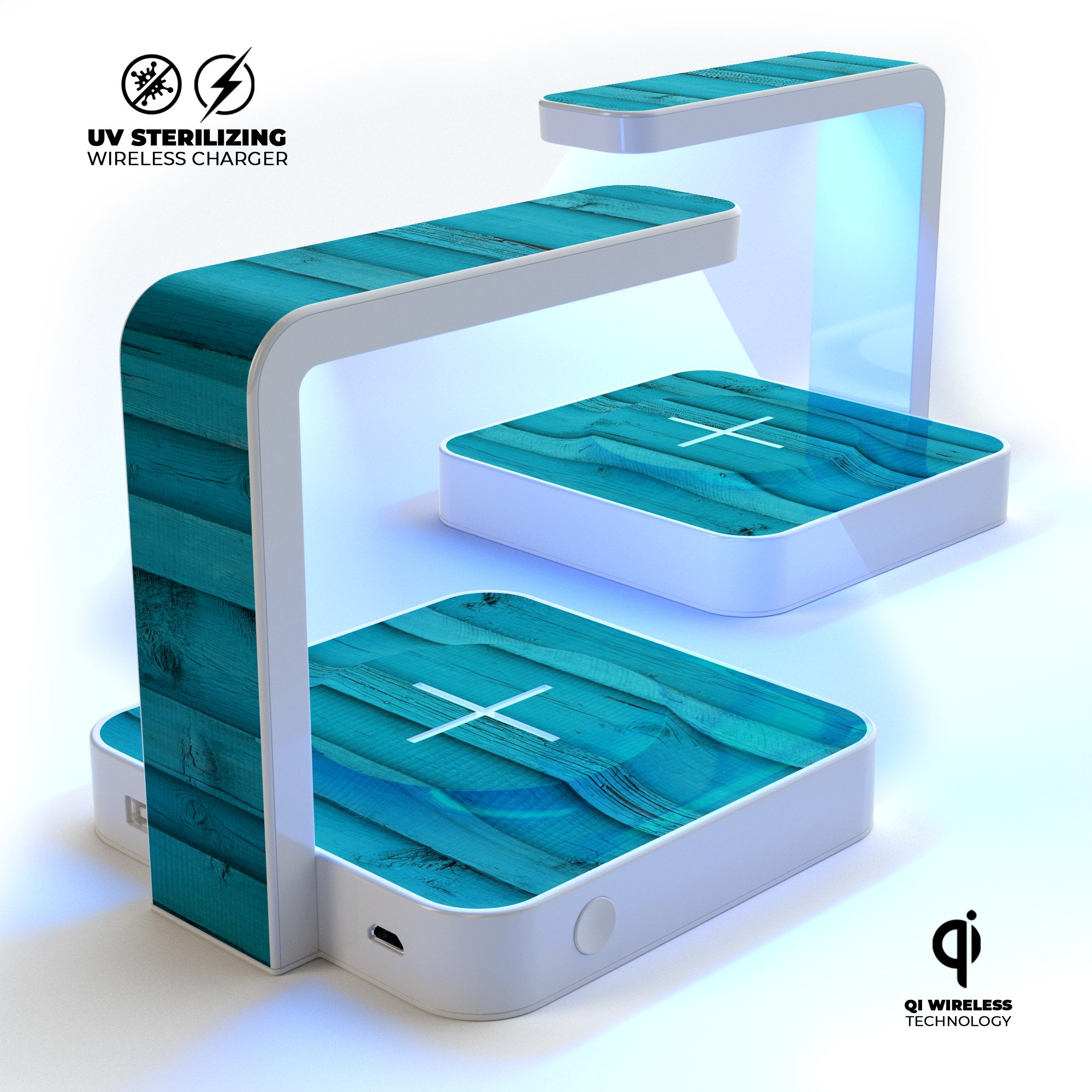 Signature Blue Wood Planks UV Germicidal Sanitizing Sterilizing charger with a sleek design, showcasing its wireless charging and sterilizing features.