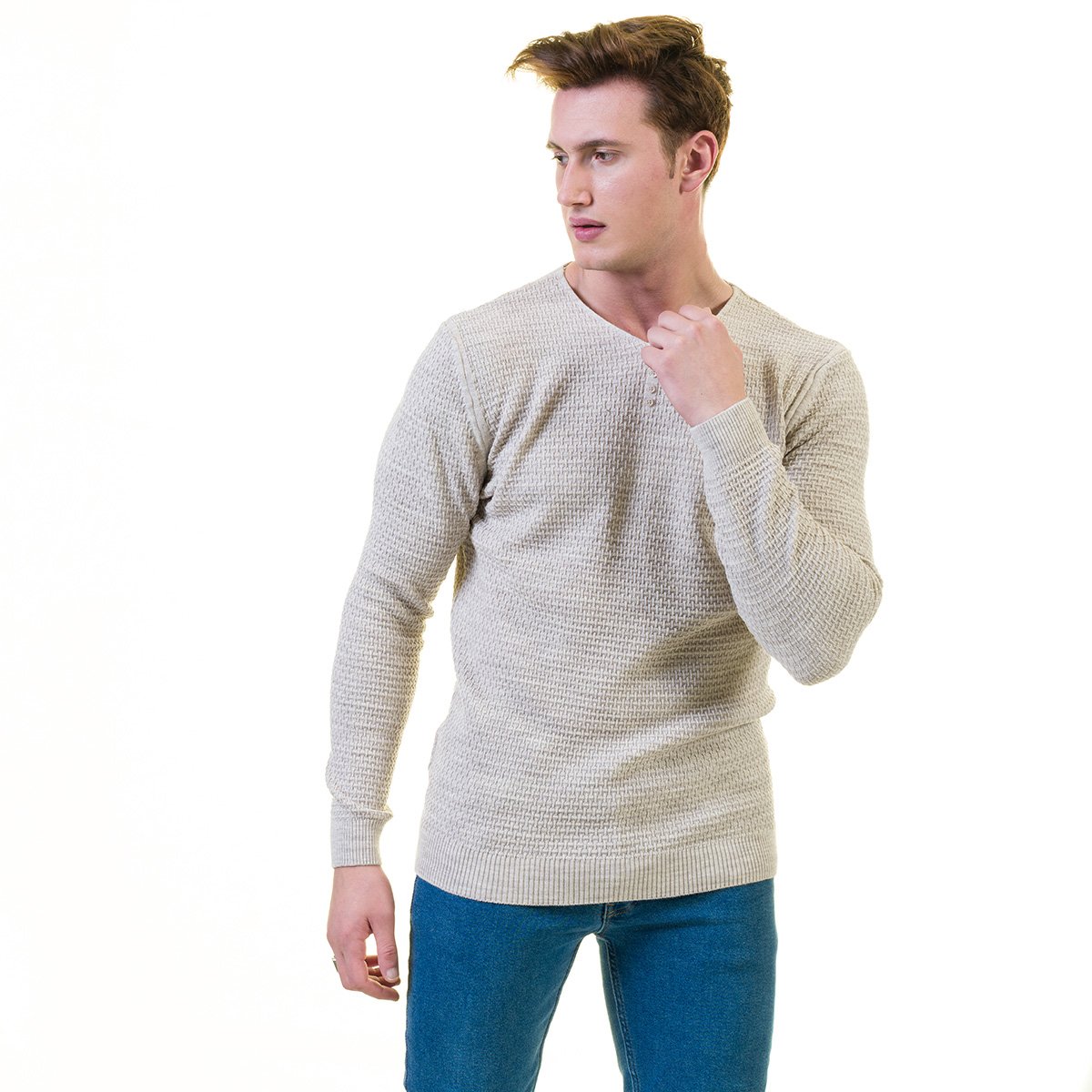 Simple Grey European Wool Luxury Zippered Sweater Jacket with hoodie, showcasing its soft fabric and stylish design.