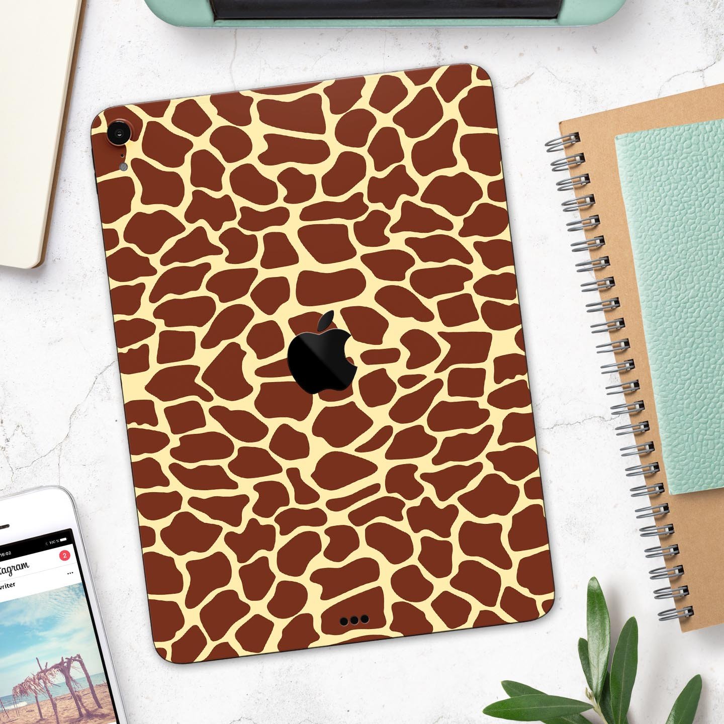 Full body skin decal featuring a simple vector giraffe print designed for Apple iPad, showcasing vibrant colors and a sleek finish.