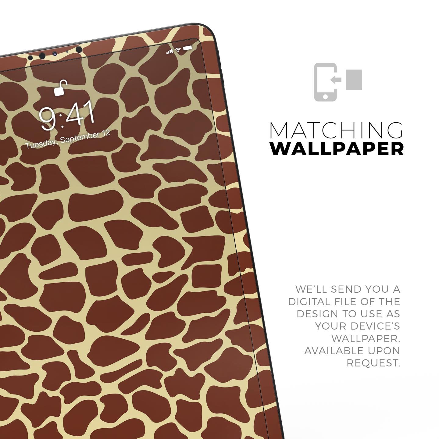 Full body skin decal featuring a simple vector giraffe print designed for Apple iPad, showcasing vibrant colors and a sleek finish.