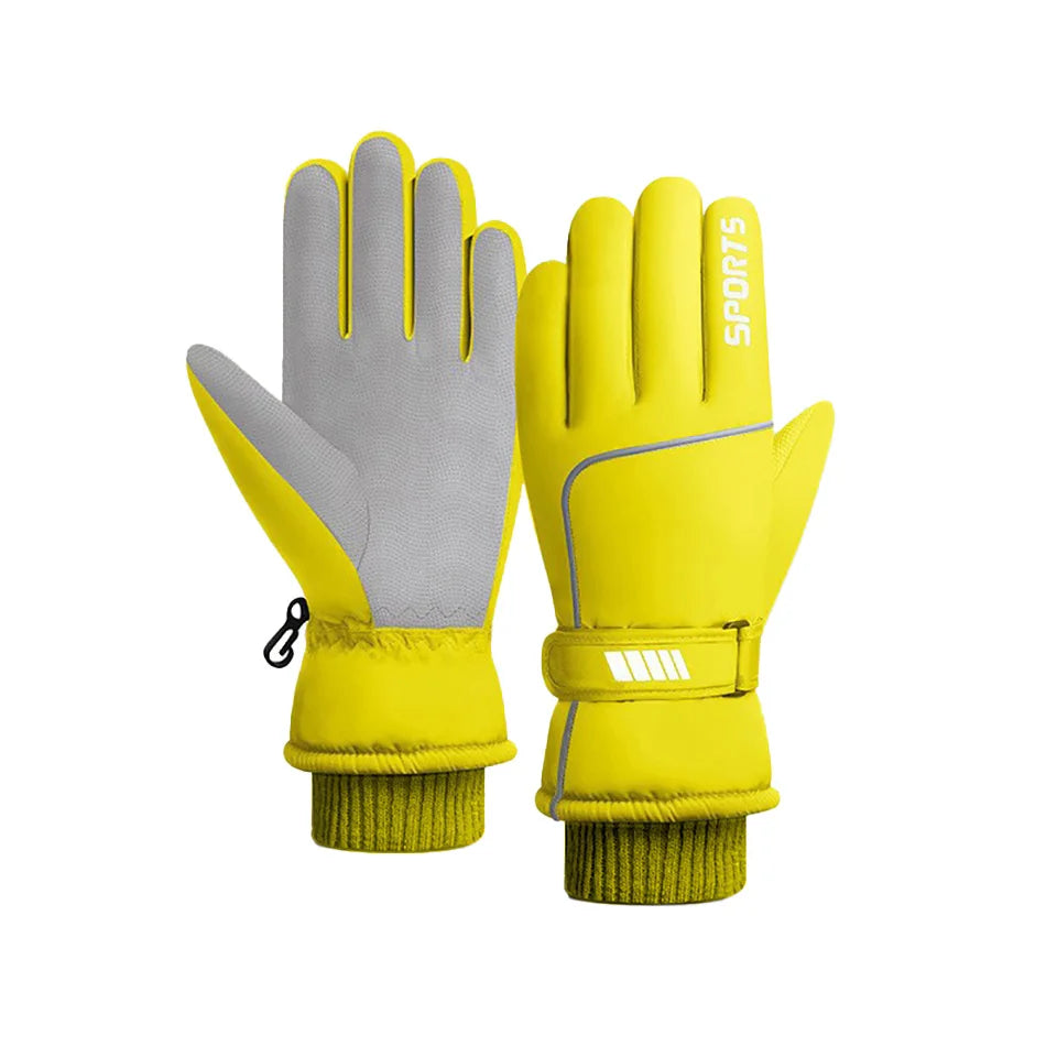 Unisex skiing gloves in various colors, showcasing thermal fleece material and windproof design, ideal for winter sports.