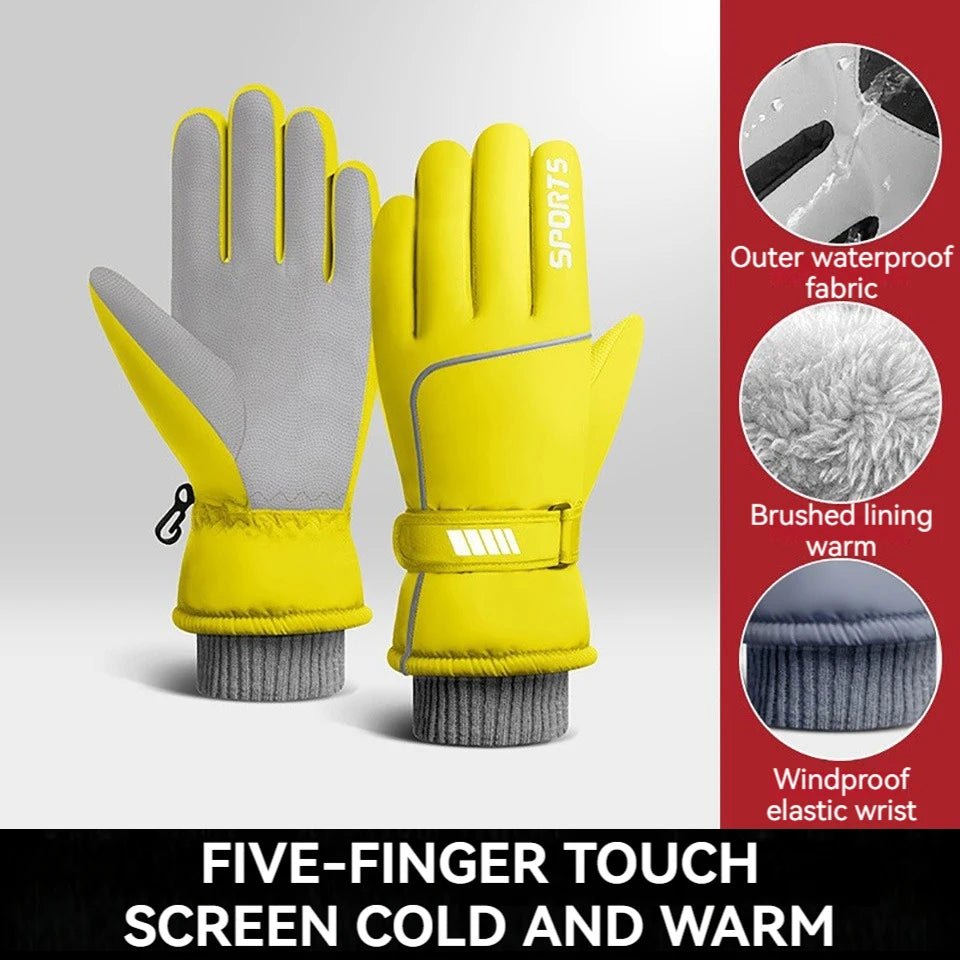 Unisex skiing gloves in various colors, showcasing thermal fleece material and windproof design, ideal for winter sports.