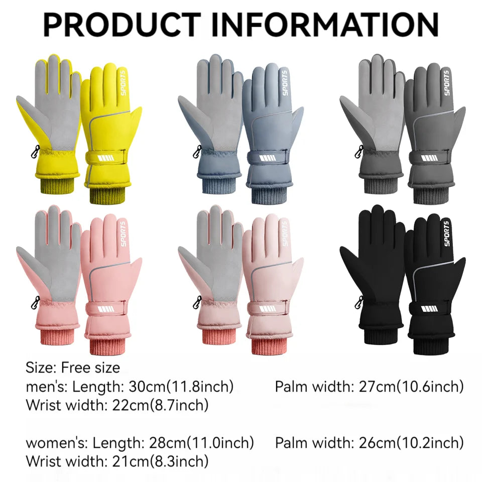 Unisex skiing gloves in various colors, showcasing thermal fleece material and windproof design, ideal for winter sports.