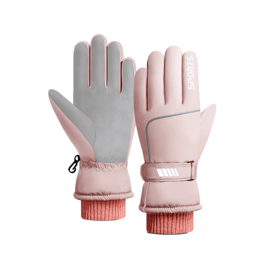 Unisex skiing gloves in various colors, showcasing thermal fleece material and windproof design, ideal for winter sports.