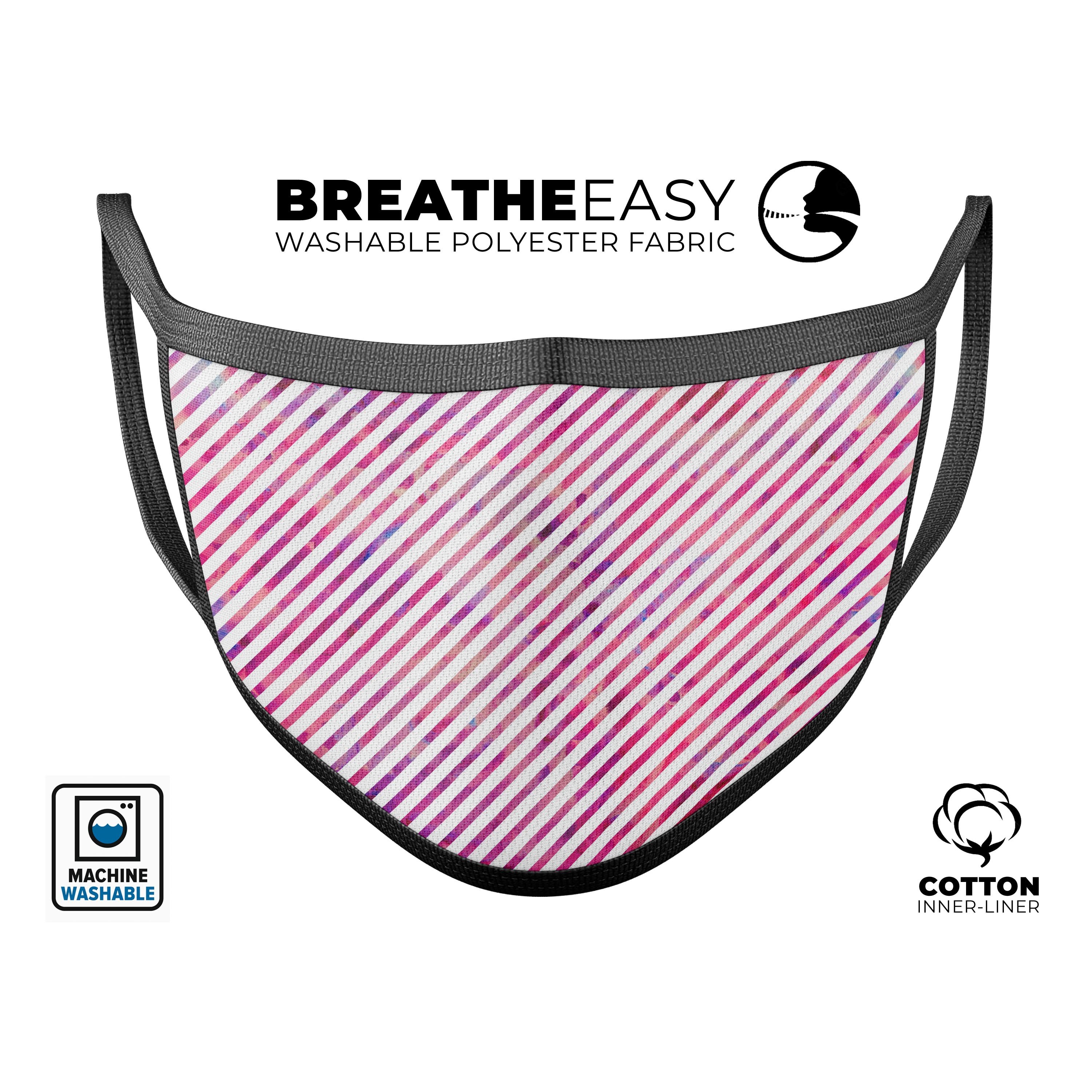 A stylish mouth cover featuring slanted white lines over vibrant multicolored clouds, designed for comfort and adjustable fit.