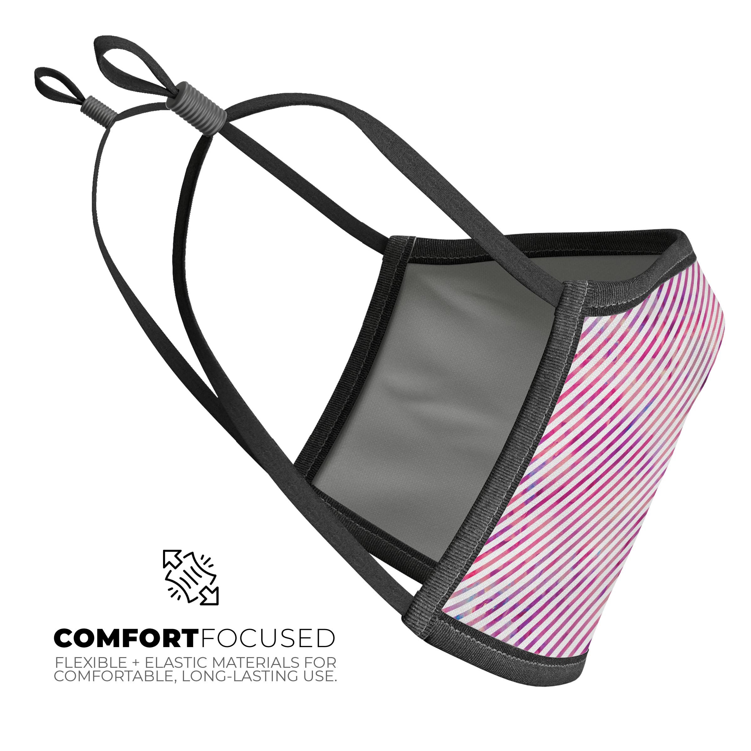 A stylish mouth cover featuring slanted white lines over vibrant multicolored clouds, designed for comfort and adjustable fit.