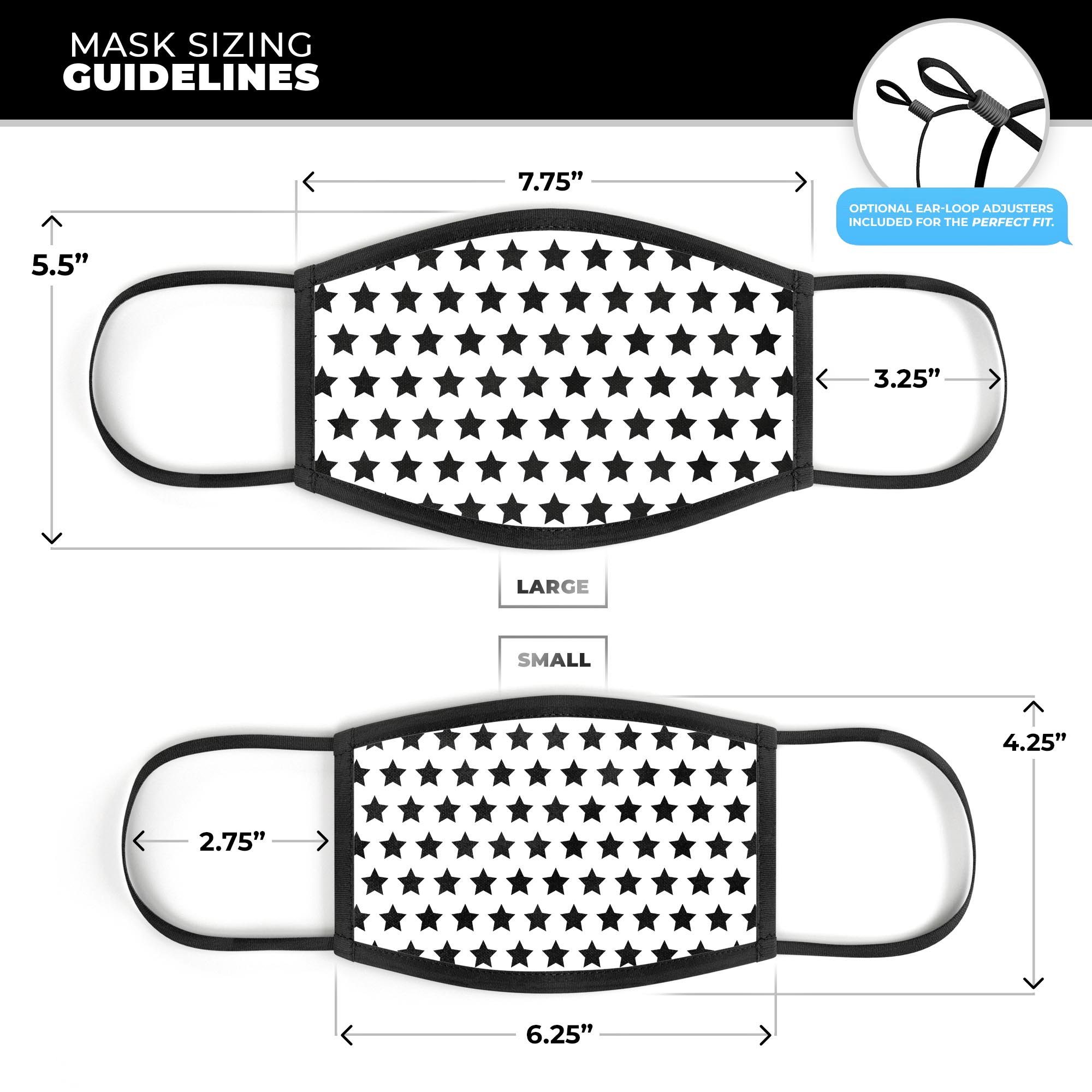 Slate Black All Over Star Pattern mouth cover, showcasing a stylish design with adjustable ear loops for a perfect fit.