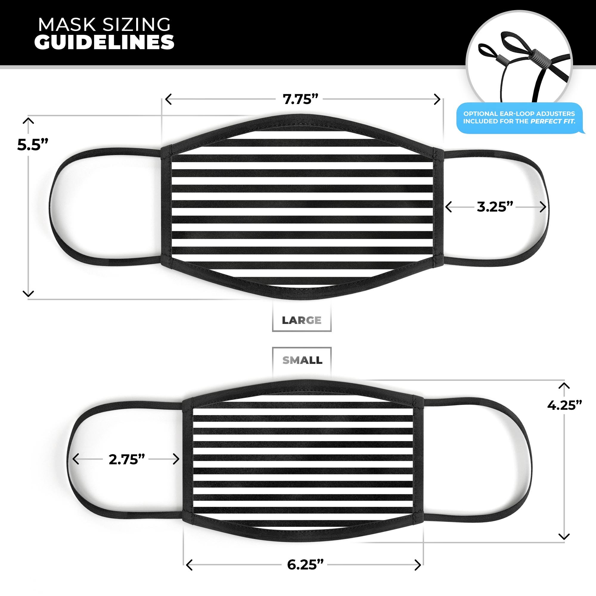 Slate Black Bold Horizontal Lines reusable mouth cover, showcasing adjustable ear-loops and soft cotton interior for comfort.