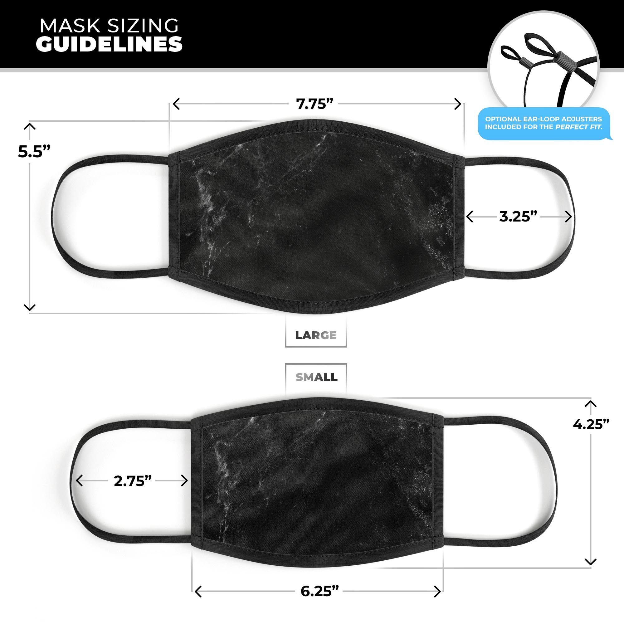 Slate Black Marble Surface mouth cover, unisex anti-dust mask made in the USA, featuring adjustable ear-loops and a comfortable cotton interior.