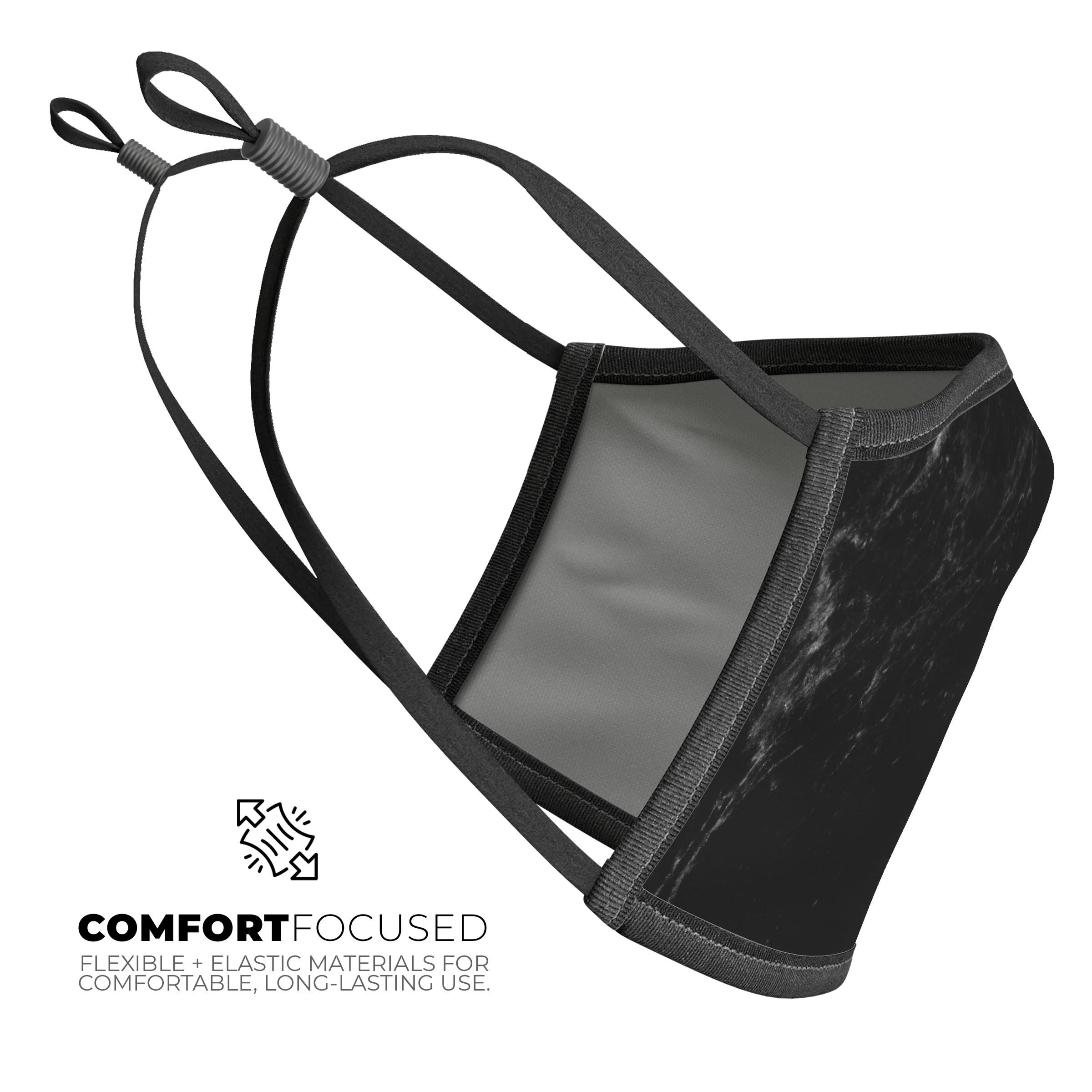 Slate Black Marble Surface mouth cover, unisex anti-dust mask made in the USA, featuring adjustable ear-loops and a comfortable cotton interior.