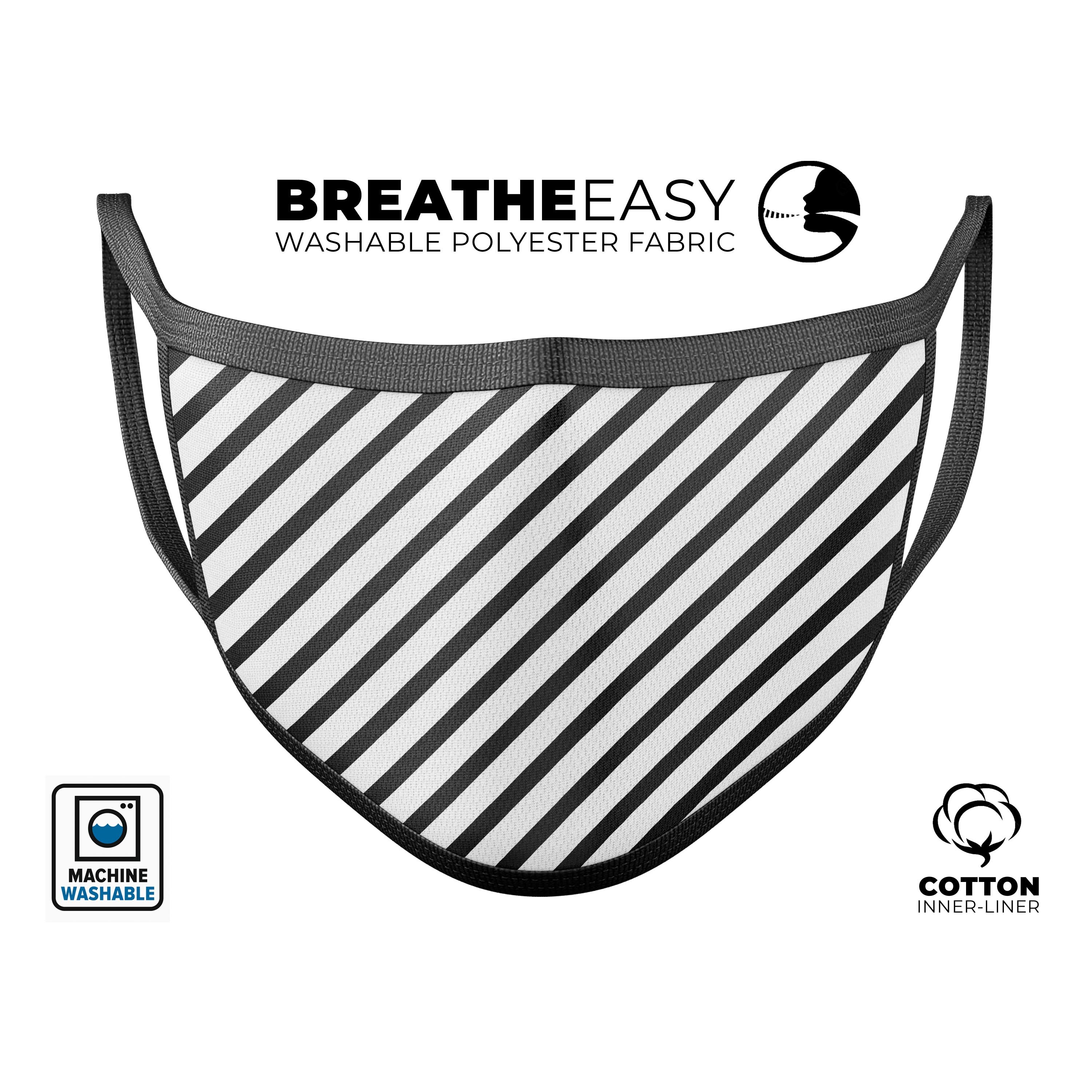Slate Black Slanted Bold Stripes mouth cover, showcasing adjustable ear-loops and soft cotton interior, designed for comfort and style.