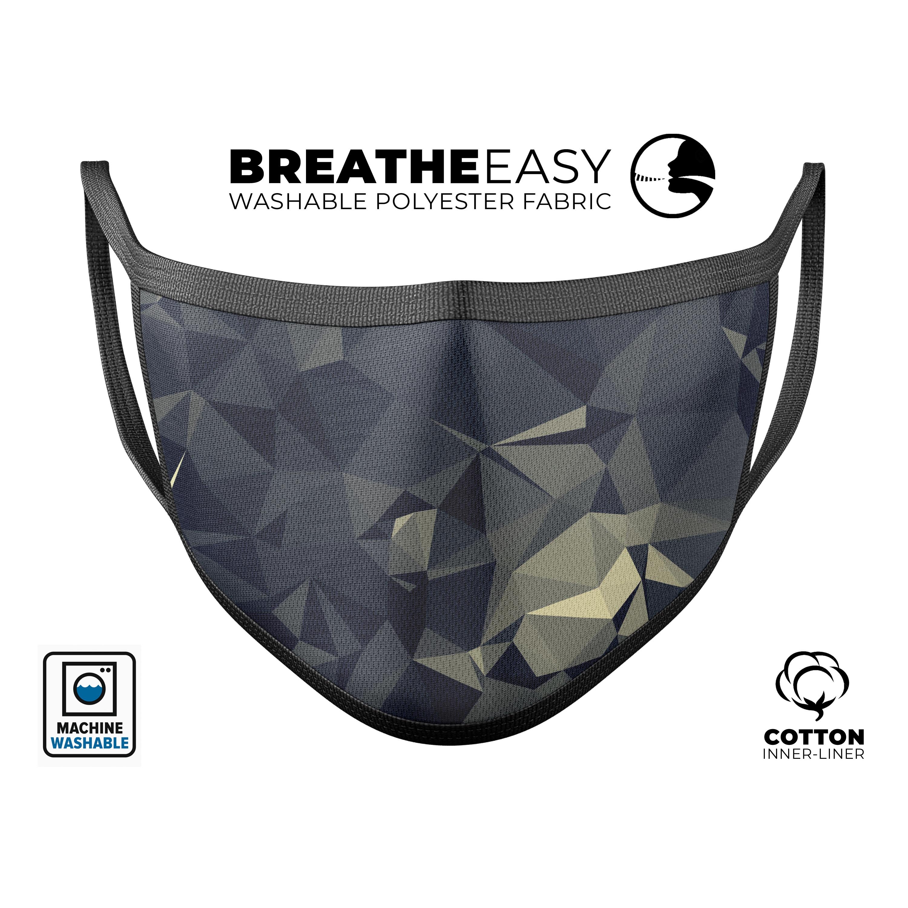 Slate Gray Geometric Triangles mouth cover, featuring a stylish design, adjustable ear-loops, and made from comfortable materials.