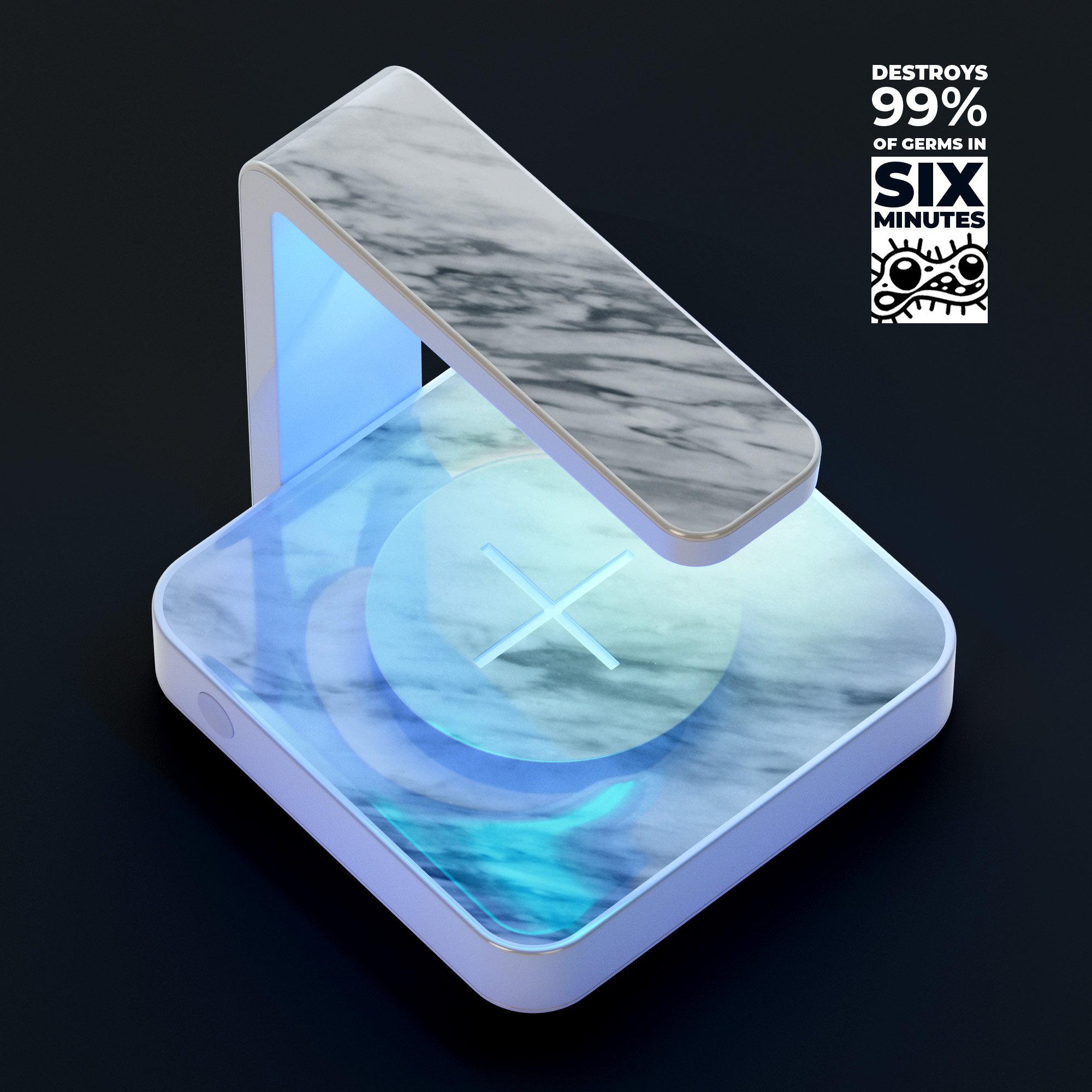 Slate Marble Surface V10 UV Germicidal Sanitizing Wireless Charger with decorative skin and USB cable, designed for effective phone sterilization.