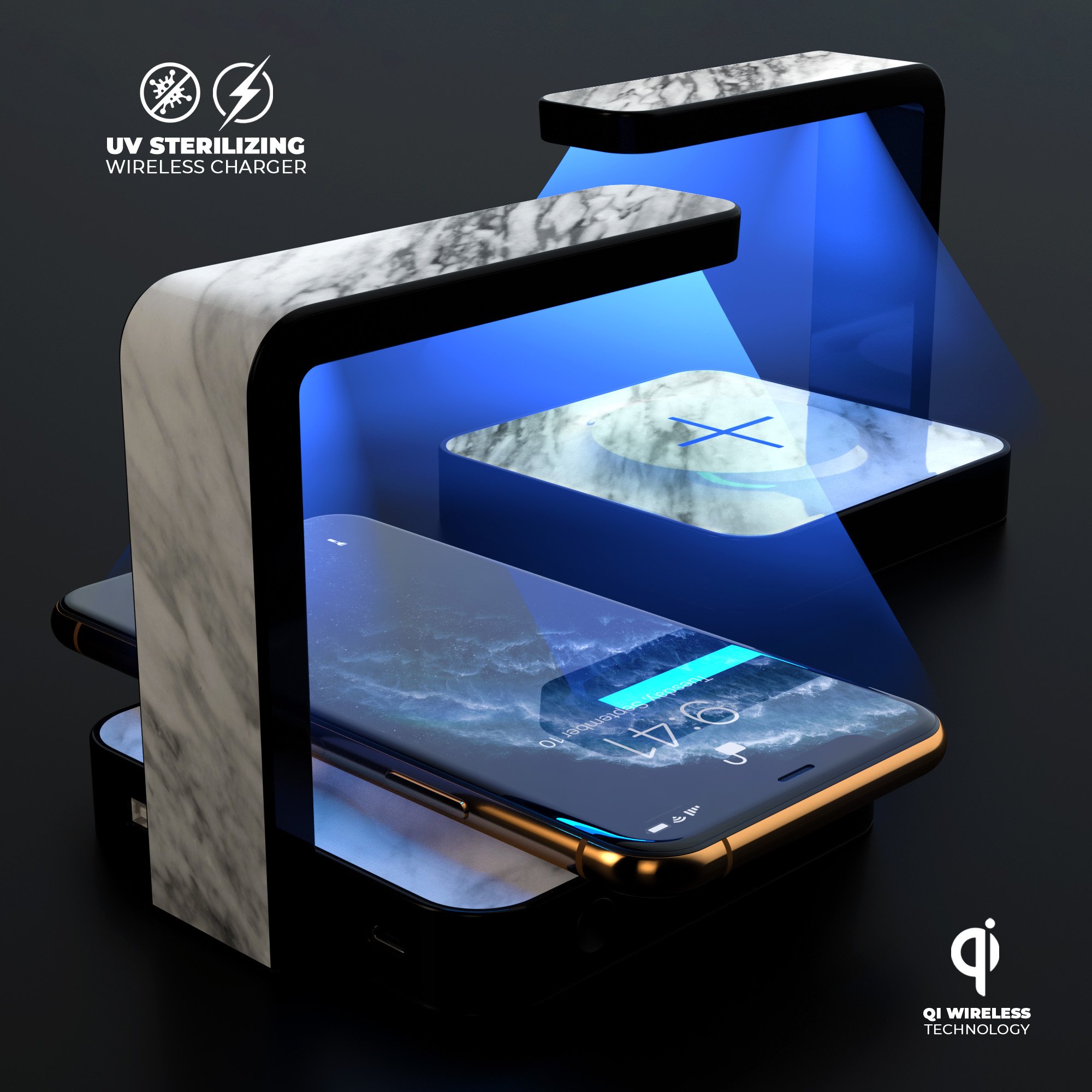 Slate Marble Surface V10 UV Germicidal Sanitizing Wireless Charger with decorative skin and USB cable, designed for effective phone sterilization.