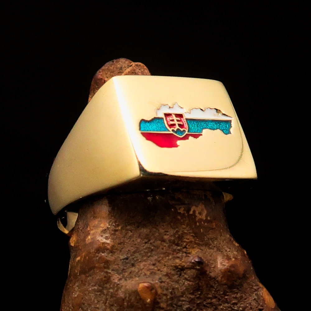 A stylish Slovakian Flag Ring made of solid brass with an enamel inlay, designed for men to wear on the pinky finger.