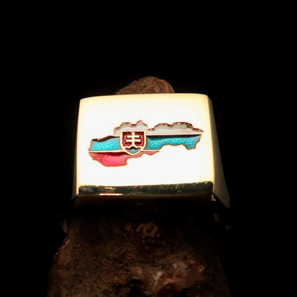 A stylish Slovakian Flag Ring made of solid brass with an enamel inlay, designed for men to wear on the pinky finger.