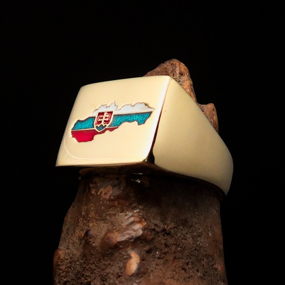 A stylish Slovakian Flag Ring made of solid brass with an enamel inlay, designed for men to wear on the pinky finger.