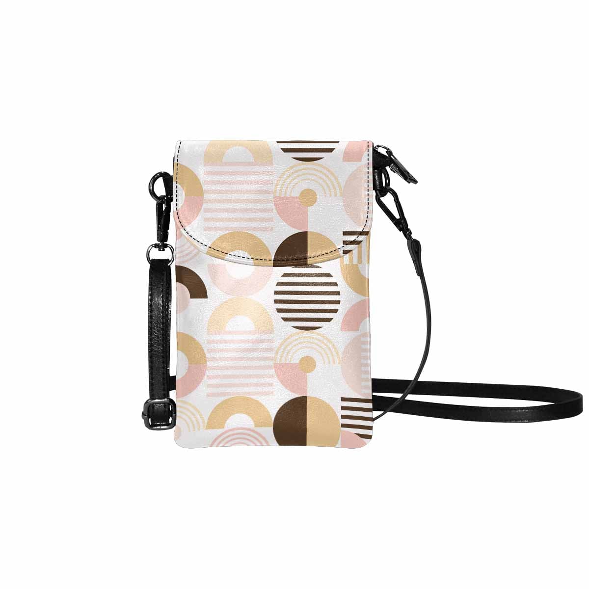 Small cell phone purse in beige and pink geometric print, featuring a zippered top and adjustable crossbody strap.
