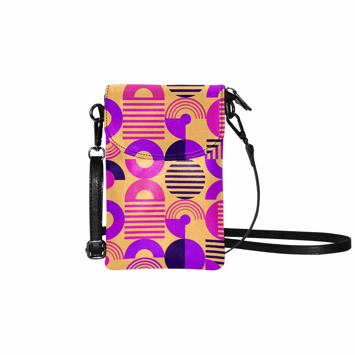 Small cell phone purse in orange and purple geometric print with adjustable strap and zippered pockets.