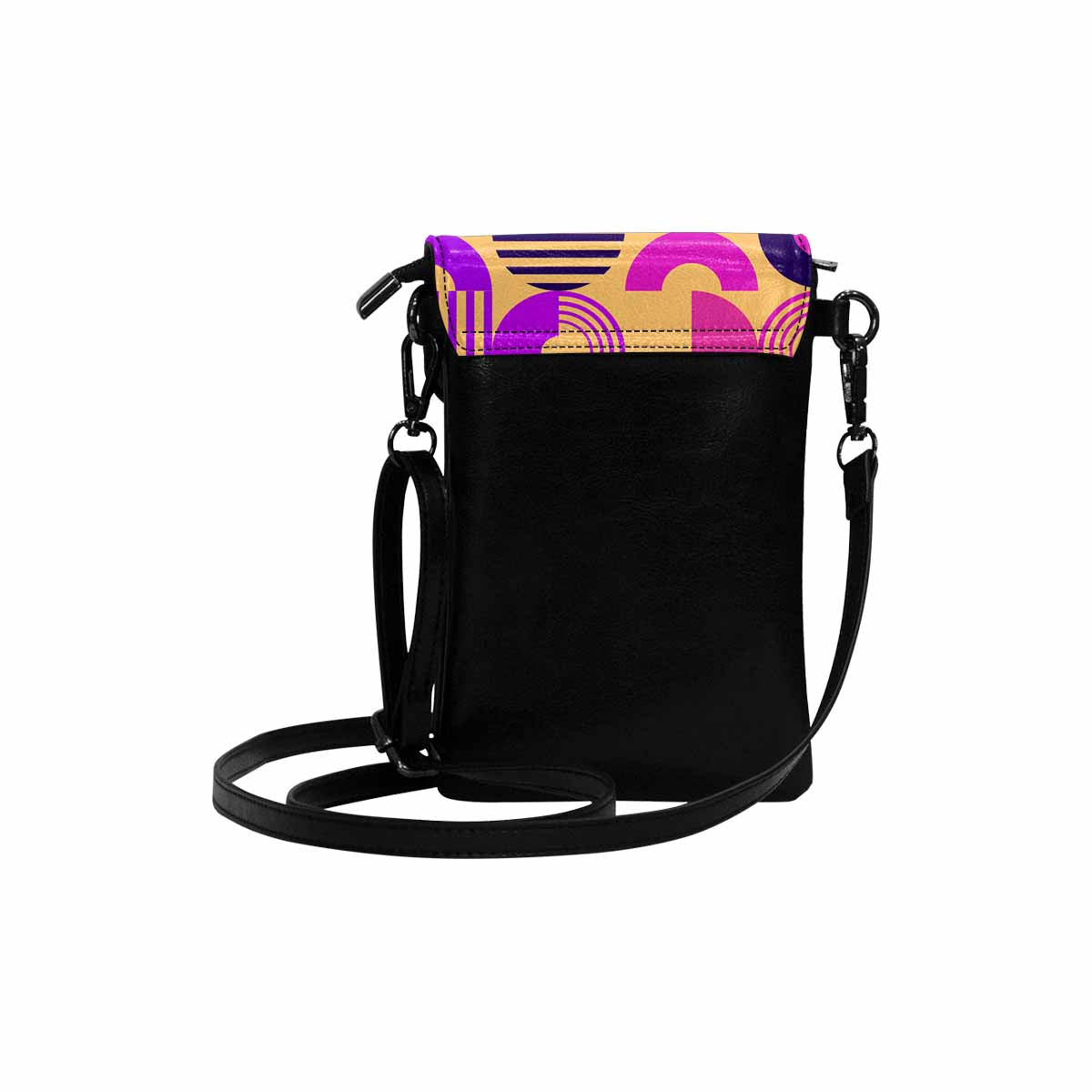 Small cell phone purse in orange and purple geometric print with adjustable strap and zippered pockets.