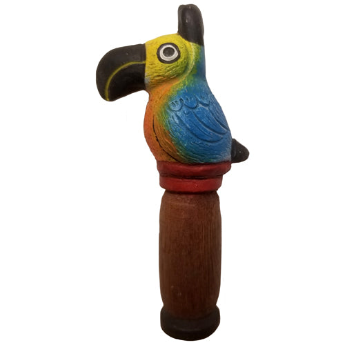 Handmade Small Wood and Clay Bird Flute featuring Toucan, Parrot, and Generic Bird designs, showcasing Peruvian craftsmanship.