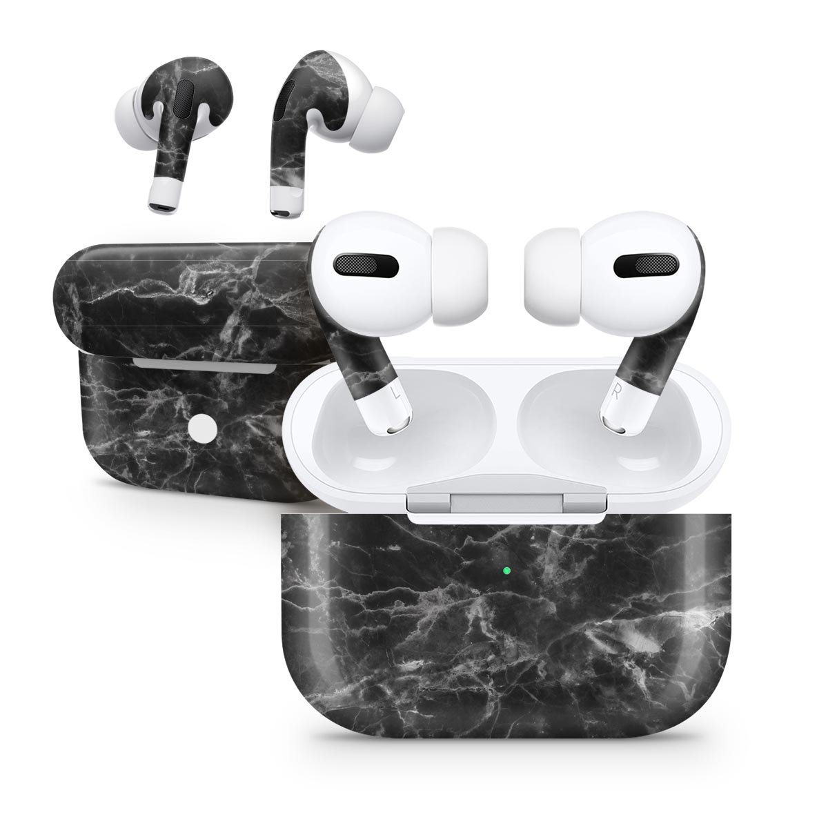 Smooth Black Marble Skin Decal Wrap Kit for Apple AirPods Pro, showcasing a sleek design and precision fit.