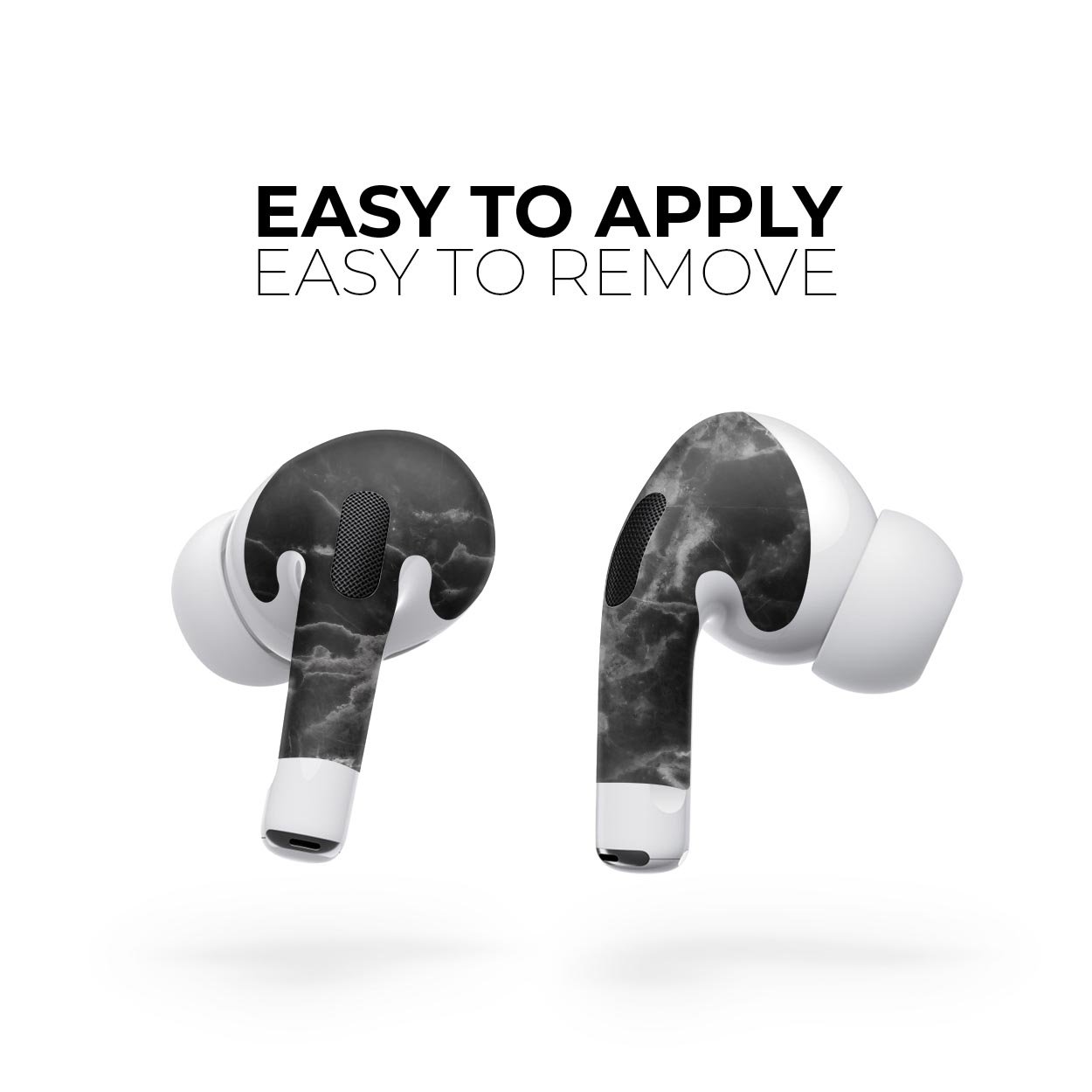 Smooth Black Marble Skin Decal Wrap Kit for Apple AirPods Pro, showcasing a sleek design and precision fit.