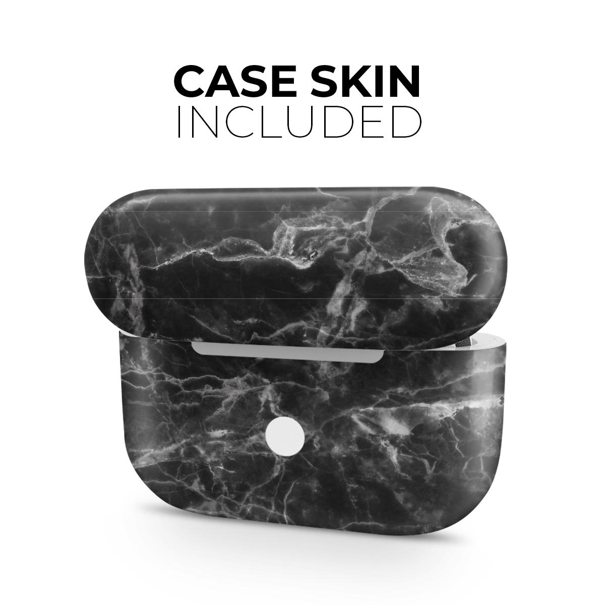 Smooth Black Marble Skin Decal Wrap Kit for Apple AirPods Pro, showcasing a sleek design and precision fit.