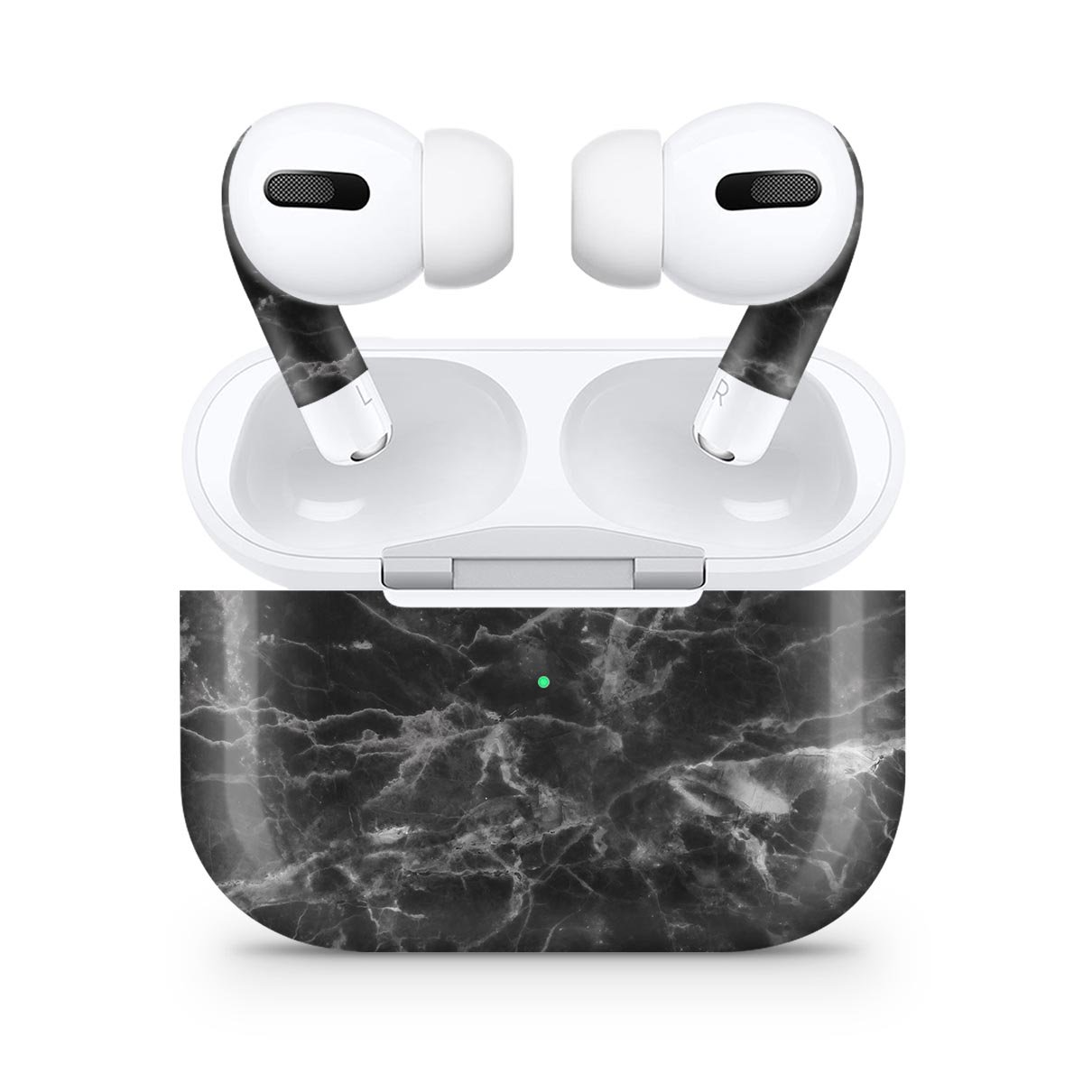 Smooth Black Marble Skin Decal Wrap Kit for Apple AirPods Pro, showcasing a sleek design and precision fit.