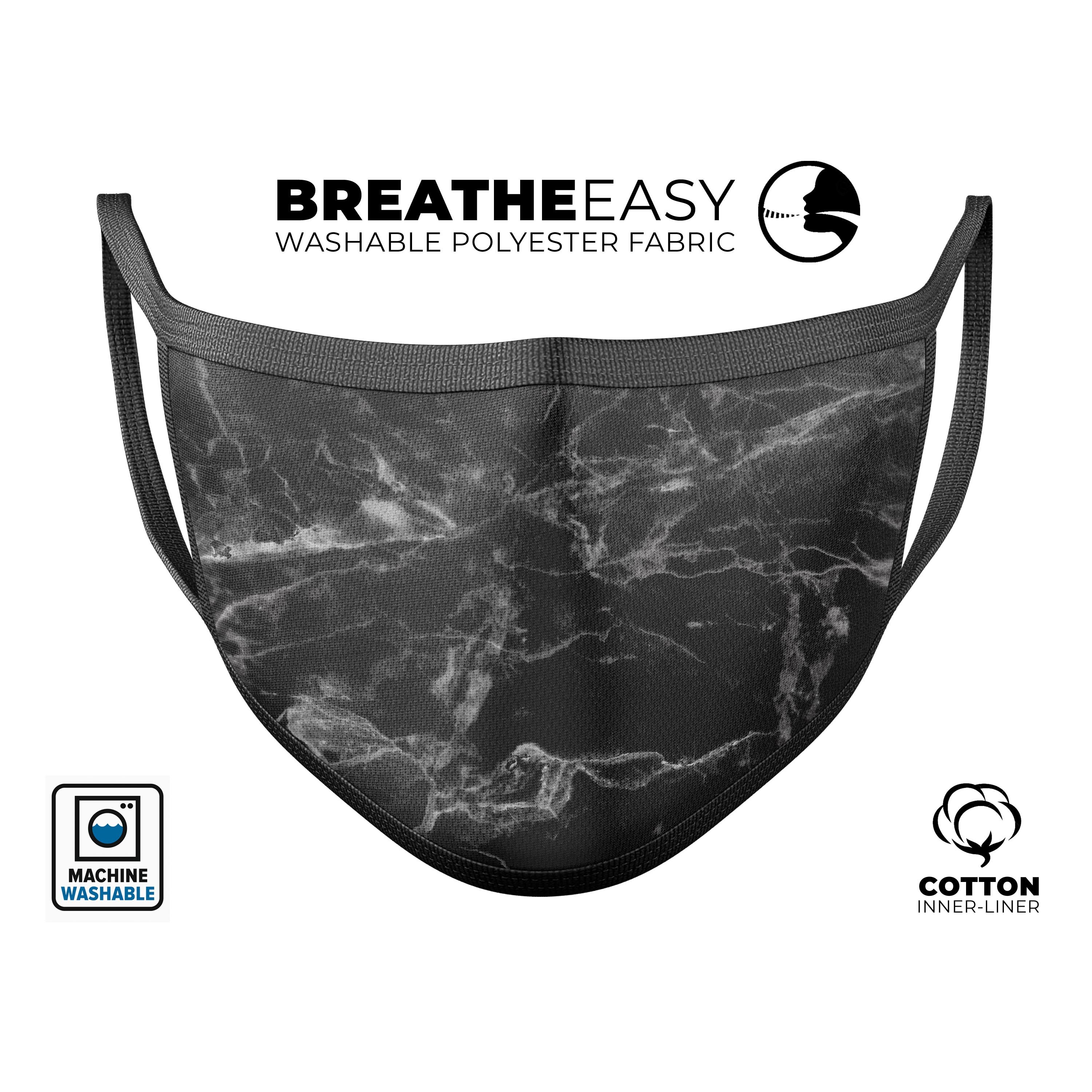 Smooth Black Marble mouth cover, unisex anti-dust cotton mask with adjustable ear-loops, made in the USA.