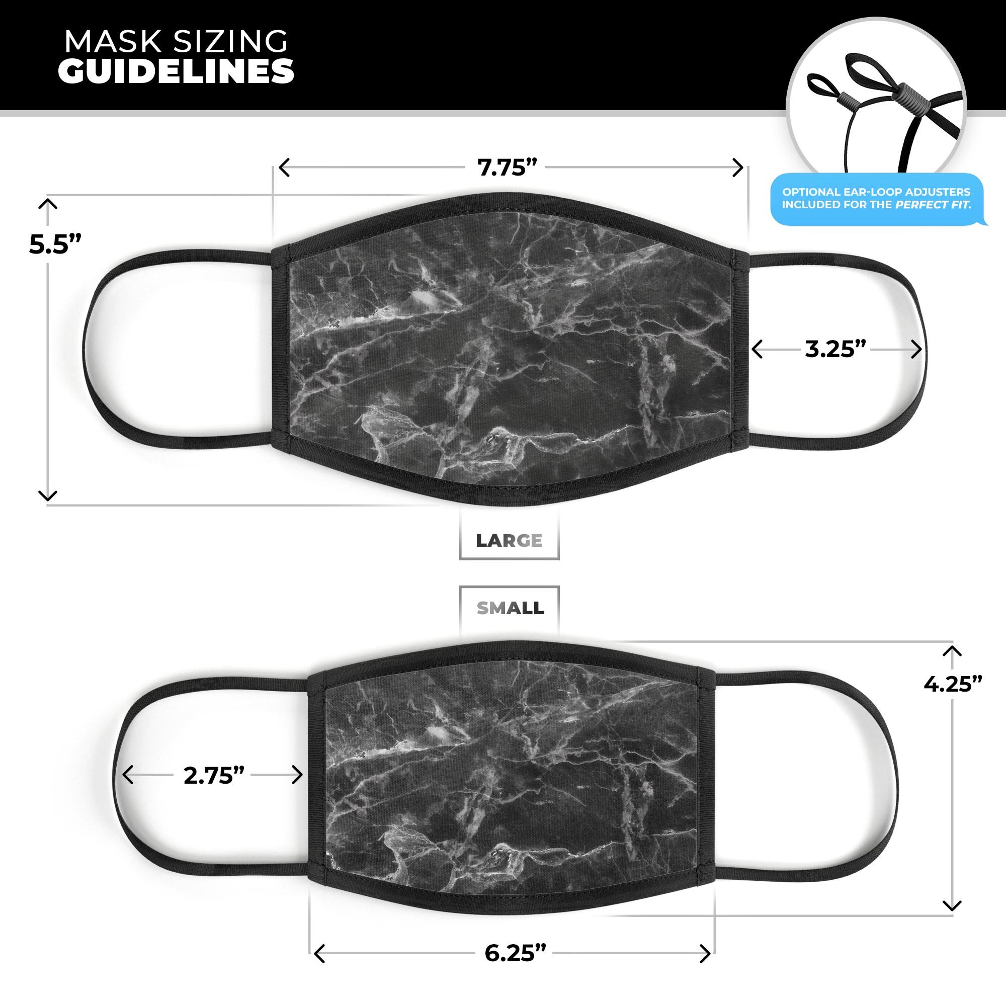 Smooth Black Marble mouth cover, unisex anti-dust cotton mask with adjustable ear-loops, made in the USA.