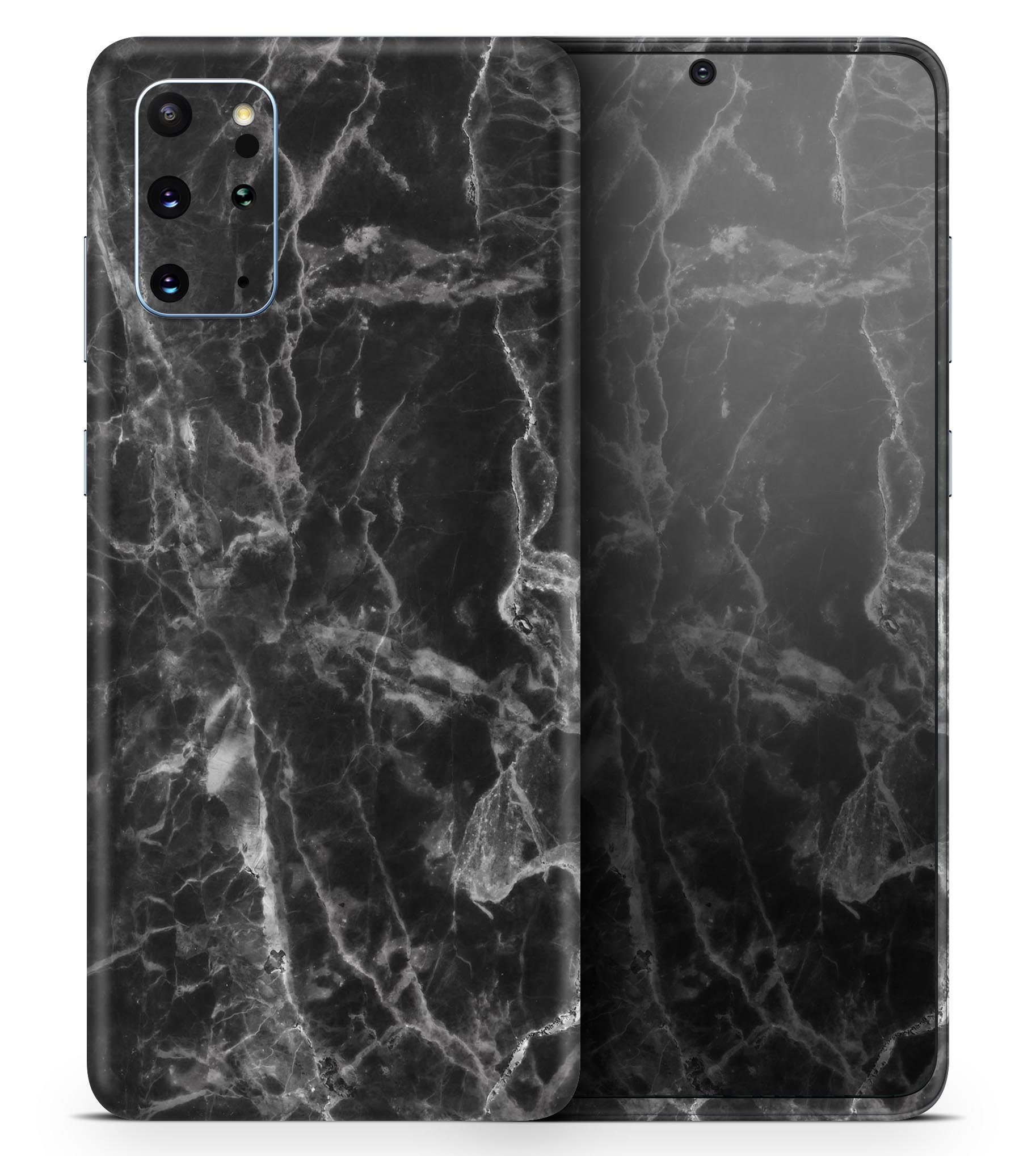 Smooth Black Marble Skin-Kit for Samsung Galaxy S20, showcasing a sleek design and premium vinyl material.