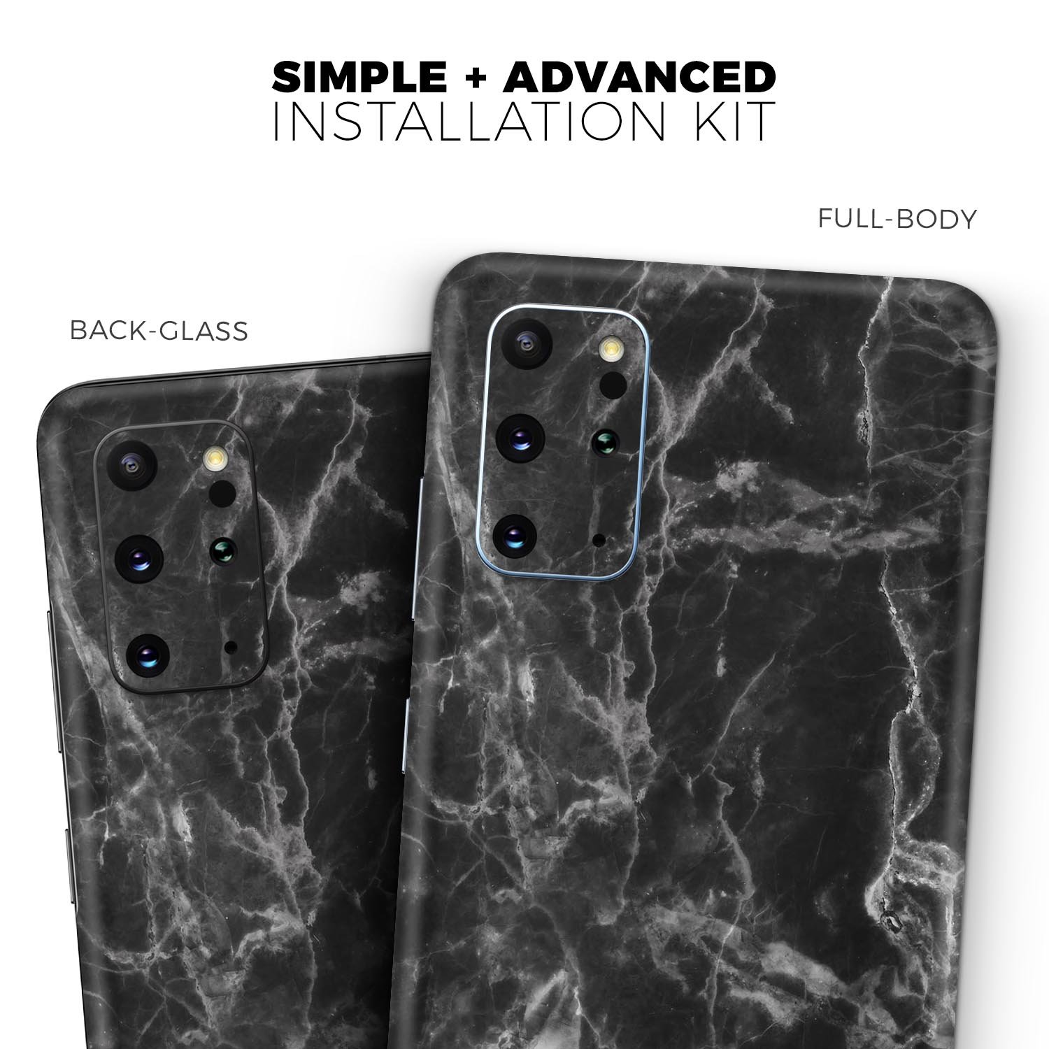 Smooth Black Marble Skin-Kit for Samsung Galaxy S20, showcasing a sleek design and premium vinyl material.