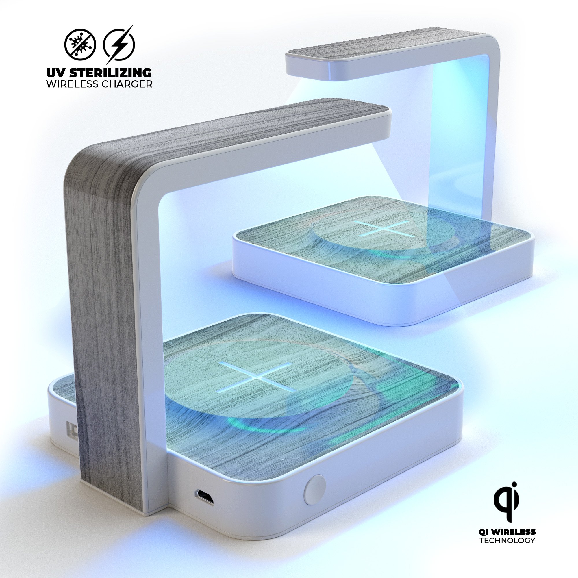Smooth Gray Wood UV Germicidal Sanitizing Wireless Charger with a sleek design and smart features for effective phone sterilization.