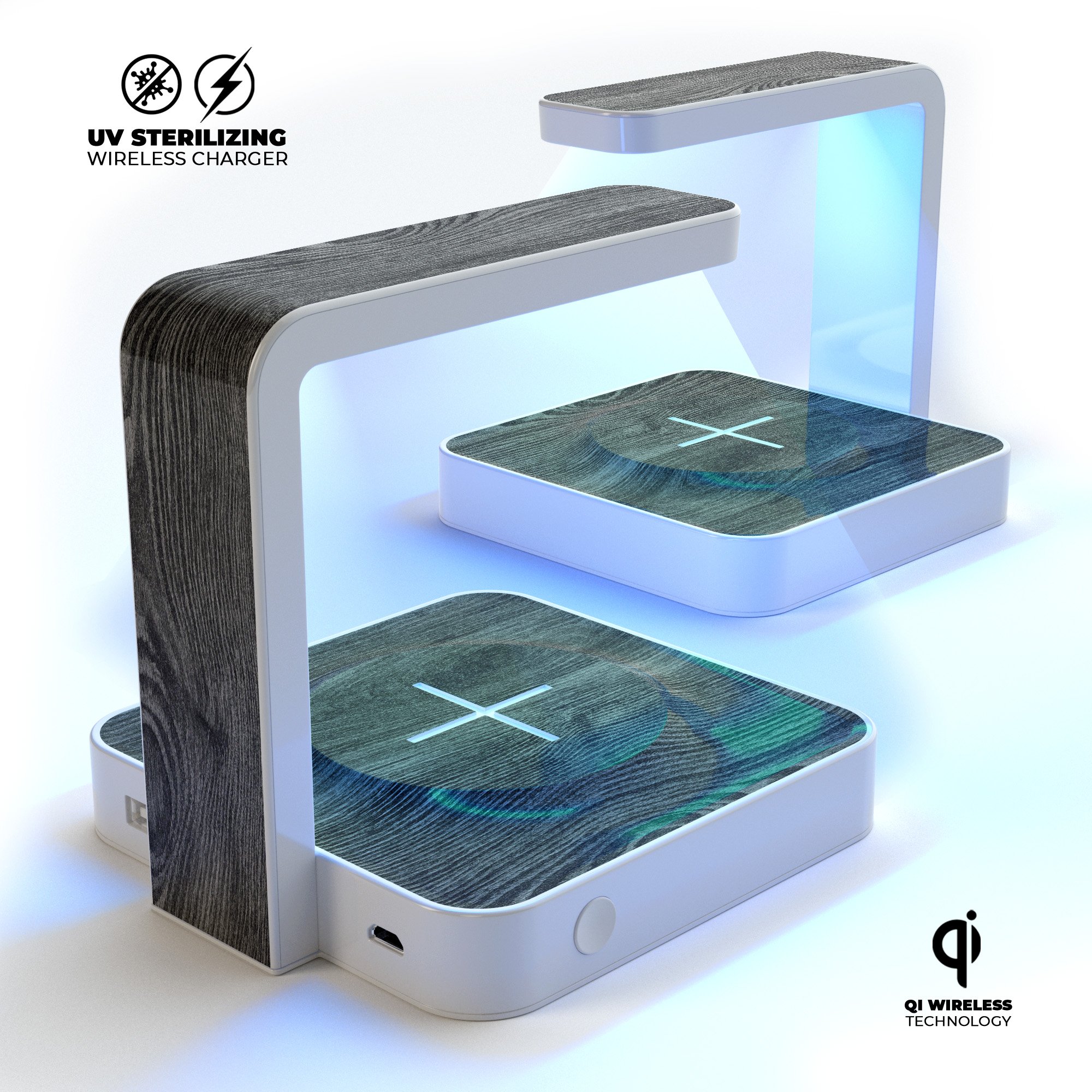 Smooth Gray Wood V2 UV Germicidal Sanitizing Wireless Charger with a sleek design, showcasing its sterilizing lamp and wireless charging capabilities.